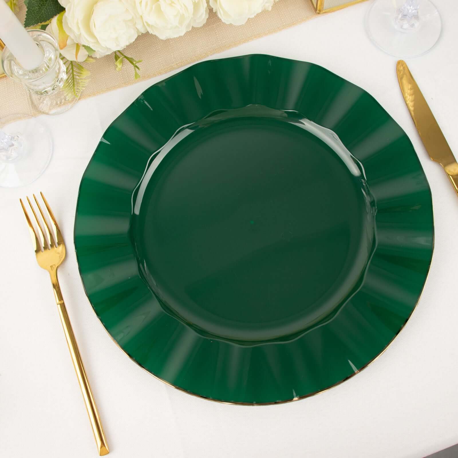 10-Pack Plastic 11 Round Dinner Plates in Hunter Emerald Green Ruffled Rim with Gold Edging - Sturdy Disposable Dinnerware