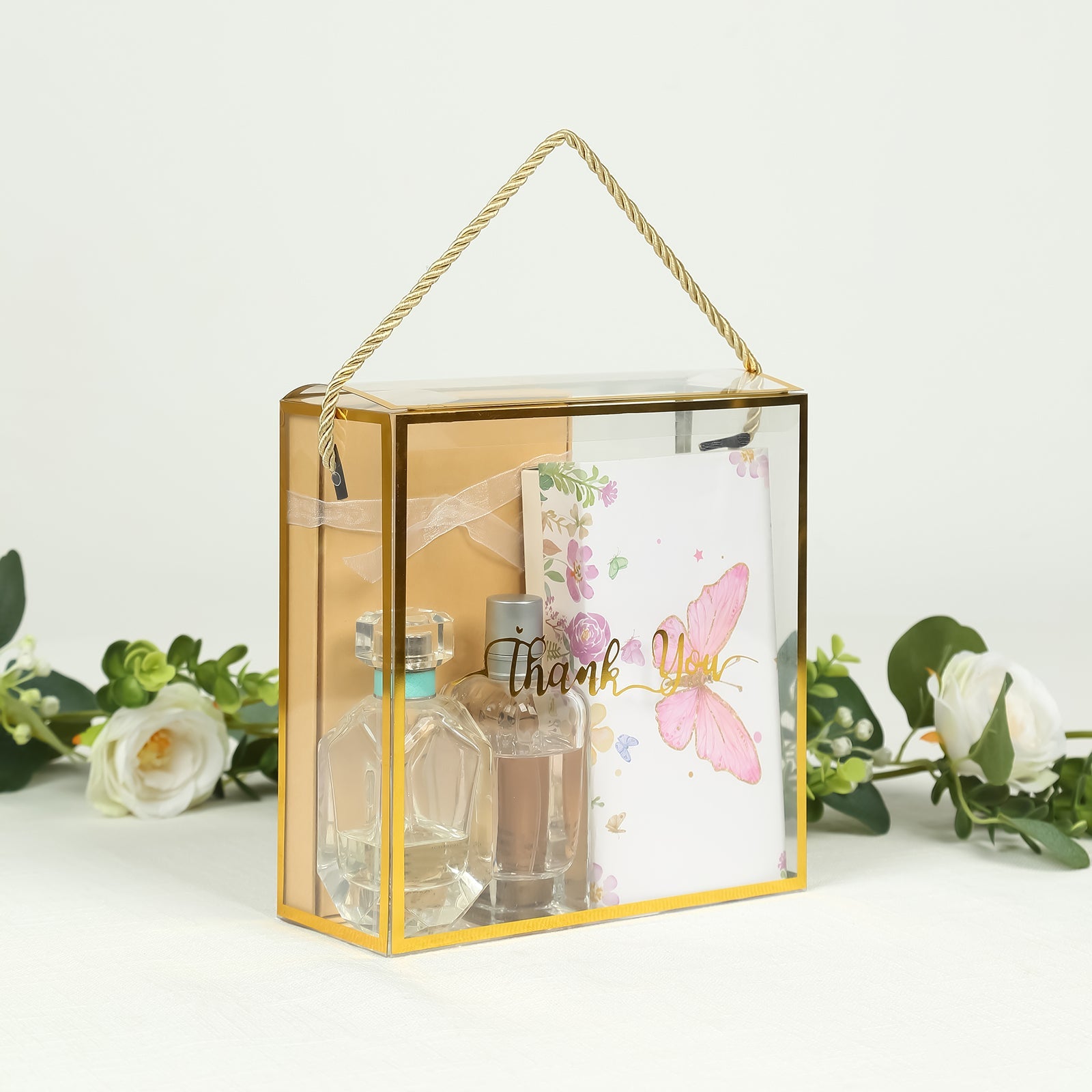 25 Pack Gold Trimmed Clear PVC Gift Boxes with Rope Handles and Thank You Print, Square Transparent Portable Candy Favor Boxes - 8x8