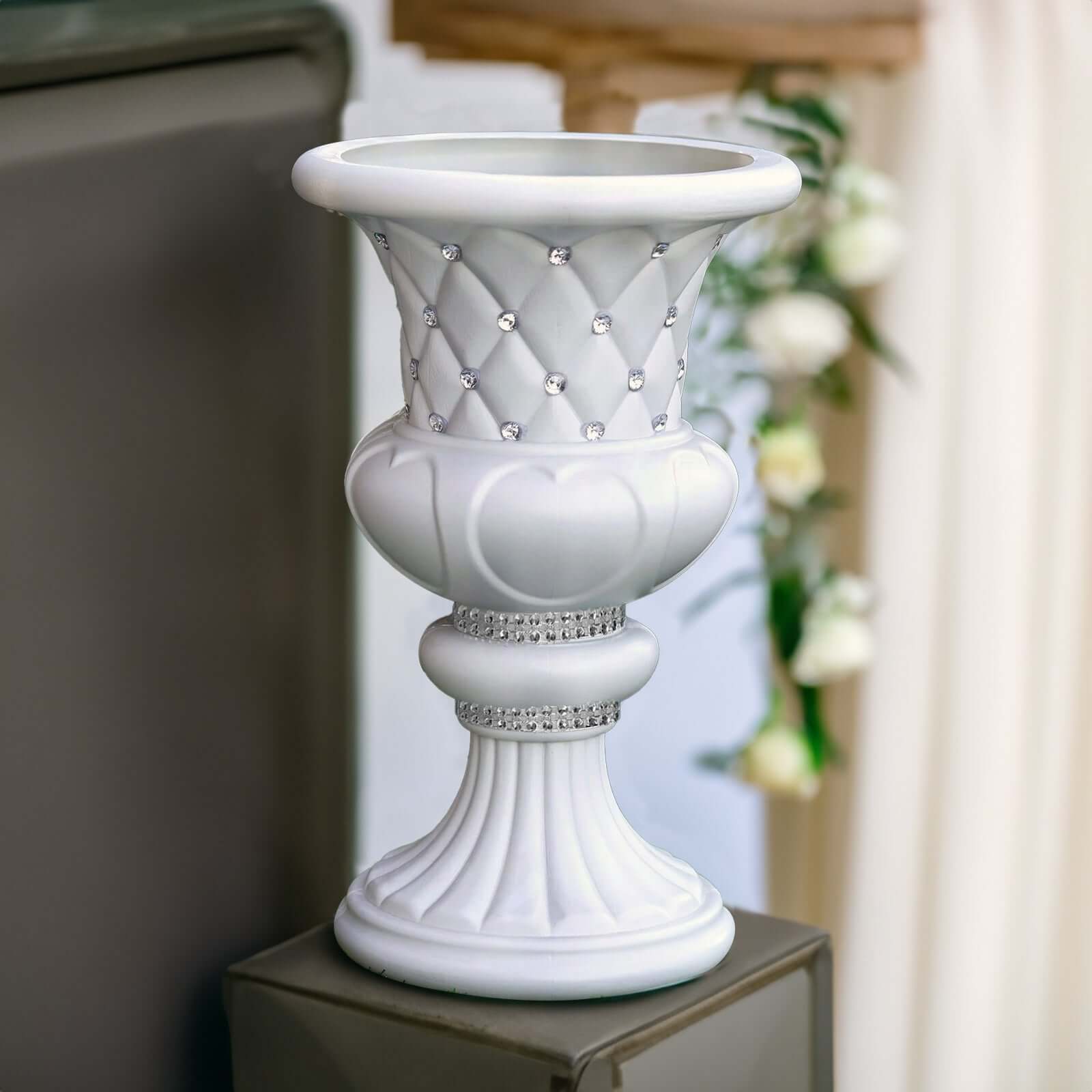 2 Pack White Crystal Beaded Italian Inspired Pedestal Stand Flower Plant Pillar With 10mm Crystal Studs - 18 Tall PVC