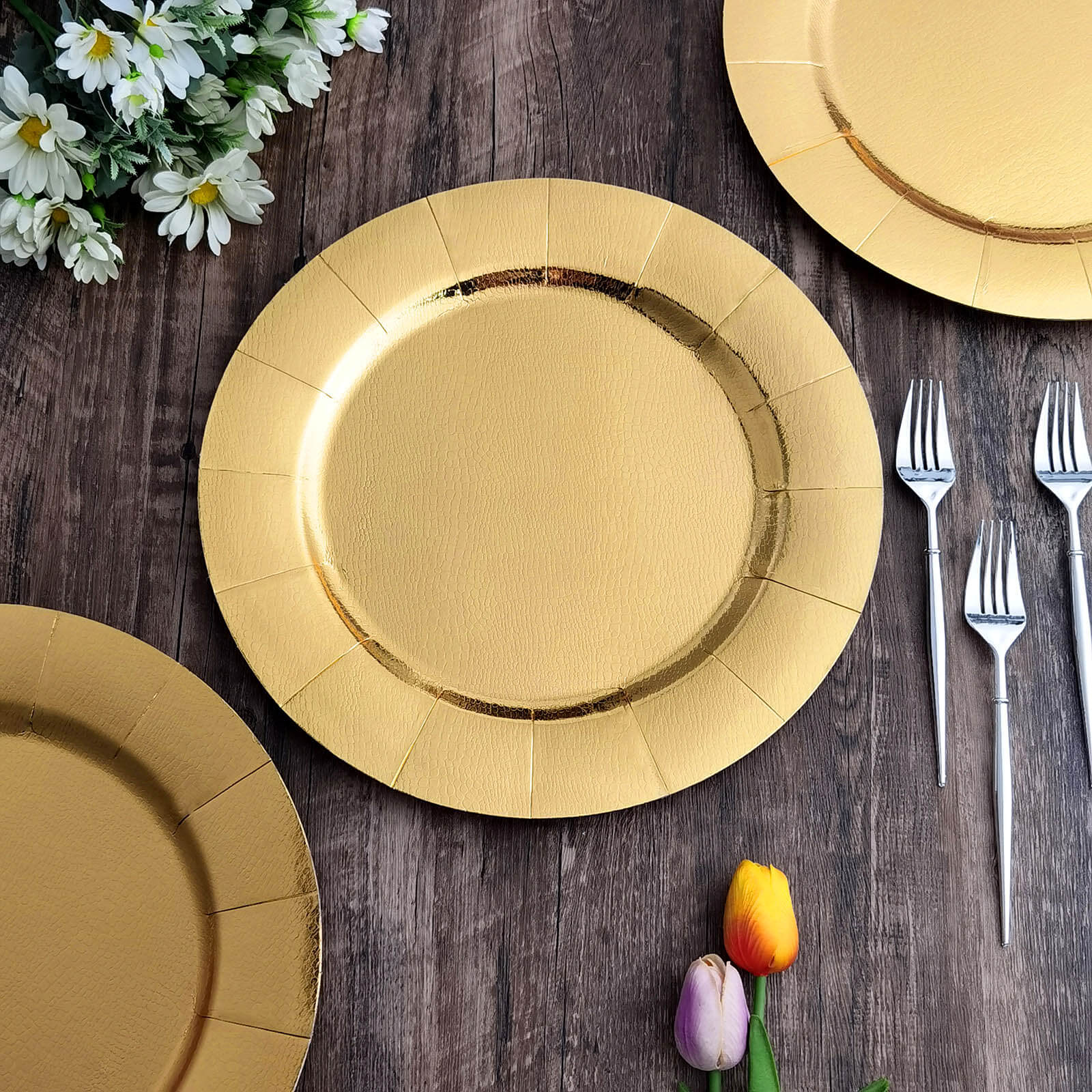 10-Pack Disposable Round Charger Plates in Gold with Leathery Texture - Durable 1100GSM Cardboard Placemats 13