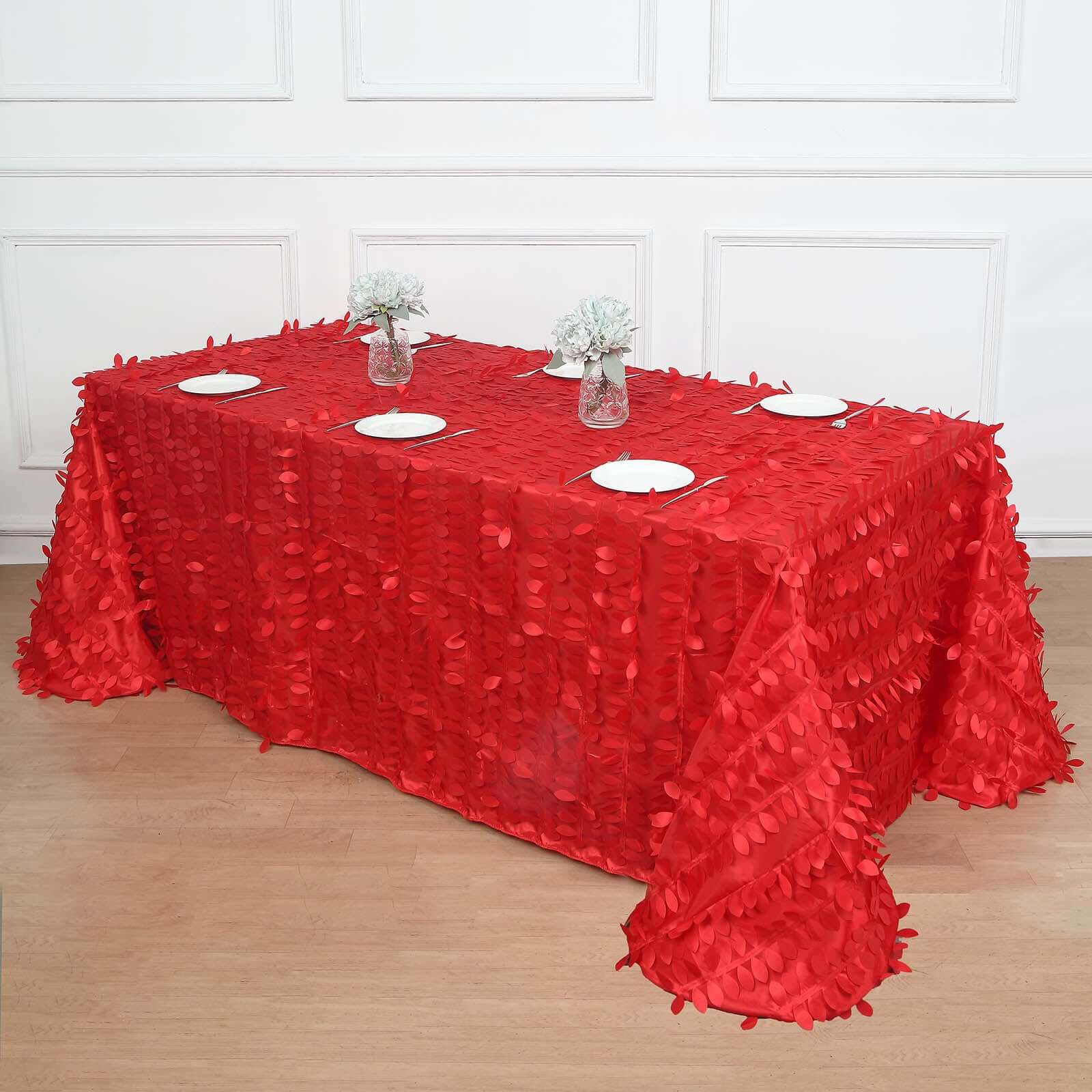 Taffeta 90x156 Rectangle Tablecloth Red | 3D Leaf Petal Design Seamless Table Cover