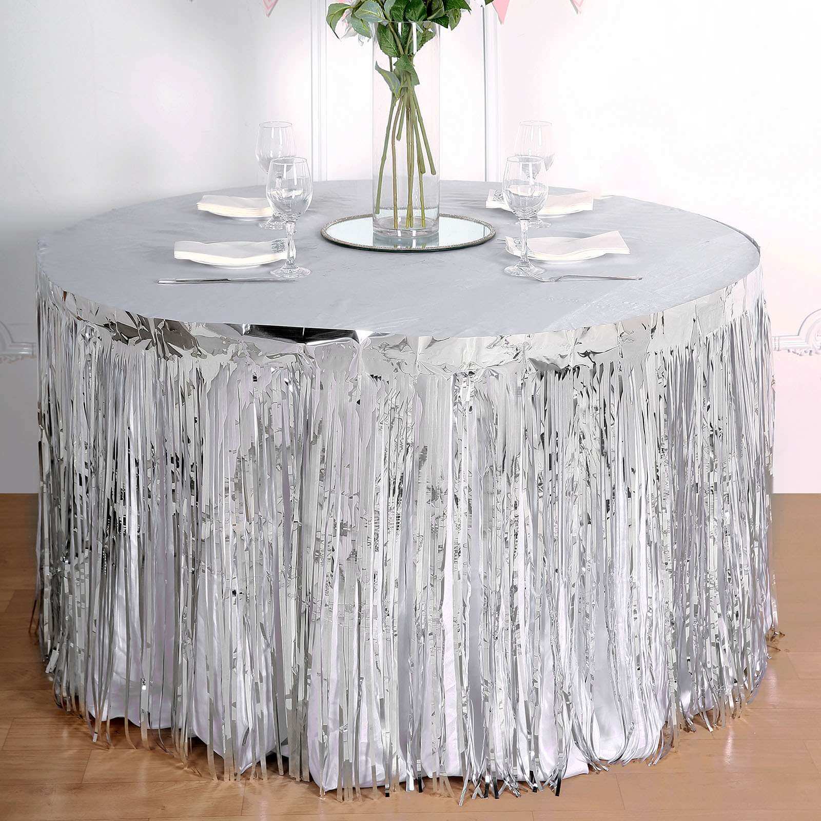 Metallic Foil Fringe Table Skirt Silver with Self Adhesive Backing - Durable Tinsel Skirt for Parties 30x9ft