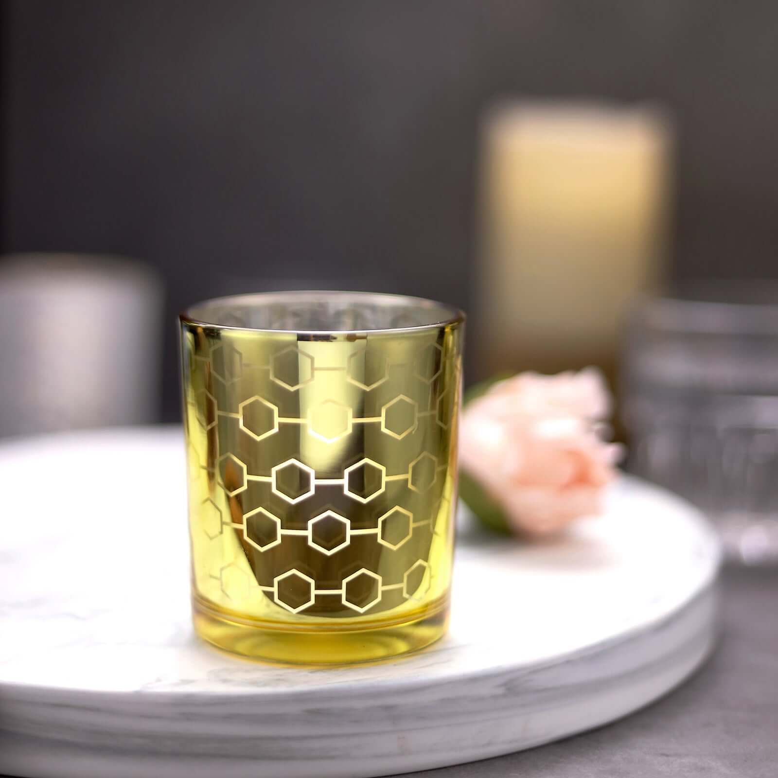 6-Pack Mercury Glass Candle Holders Gold with Honeycomb Design - Votive Candle Containers 3