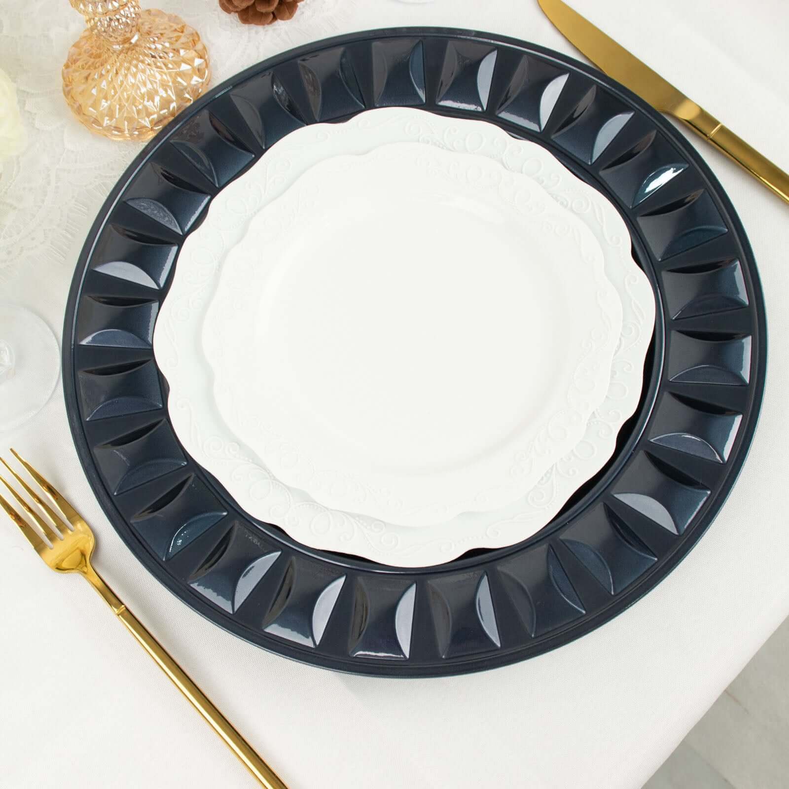 6-Pack Plastic Round Charger Plates 13 in Navy Blue with Bejeweled Rim, Luxe Decorative Dinner Party Charger Tableware