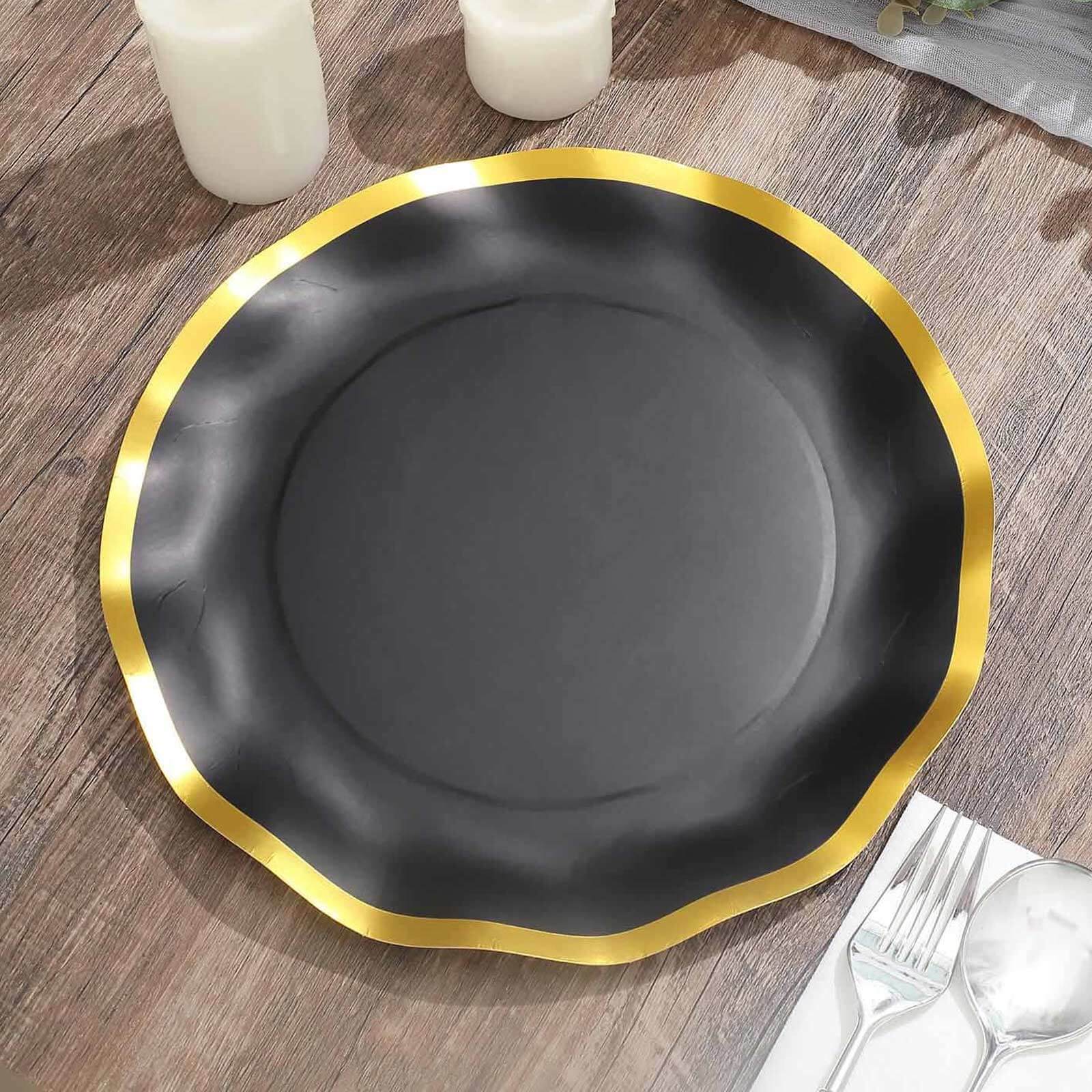 25-Pack Paper Round Dinner Plates 10 Matte Black with Gold Wavy Rim - Disposable 350GSM Party Plates