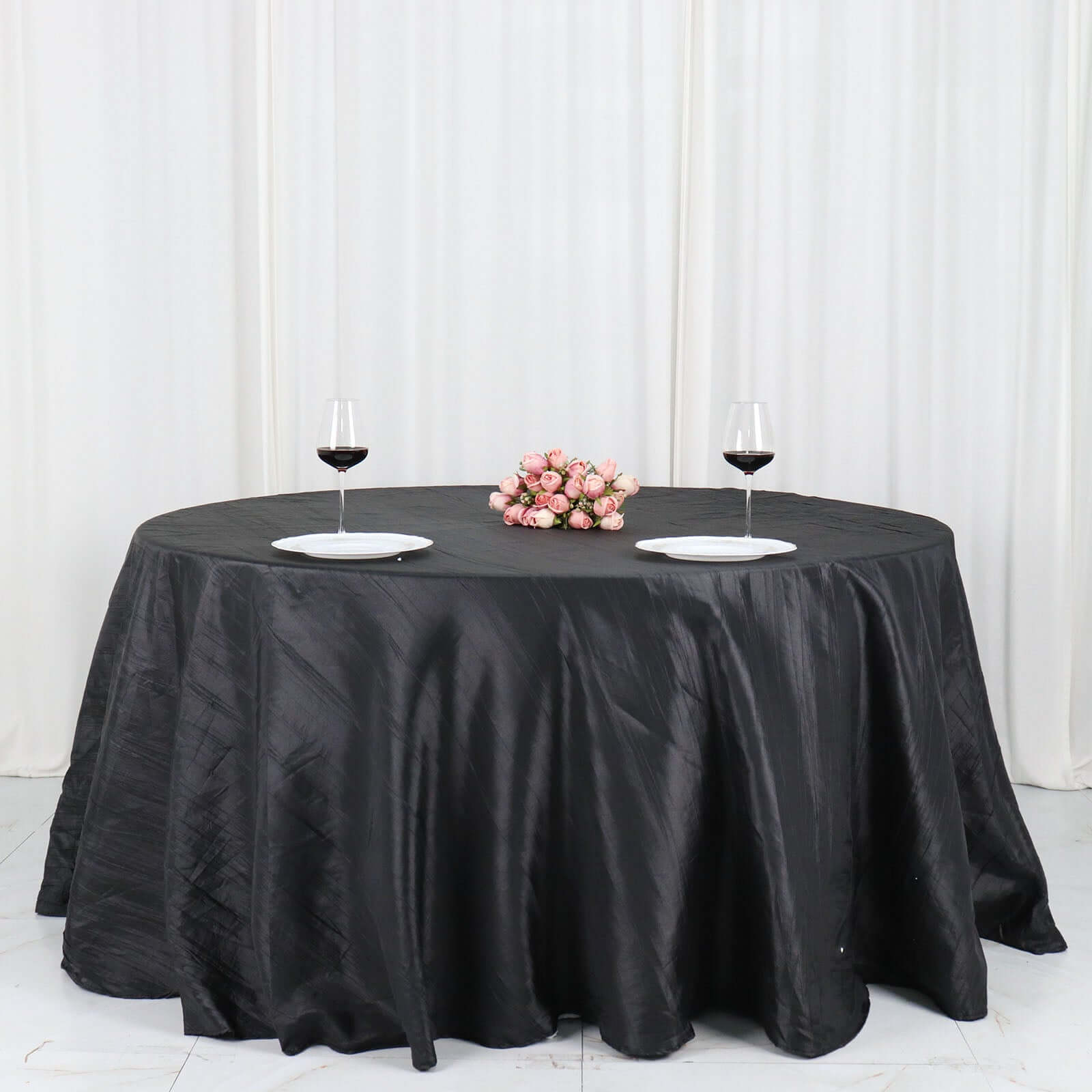 Taffeta 132 Round Tablecloth Black - Seamless Accordion Crinkle Design for Exquisite Occasions