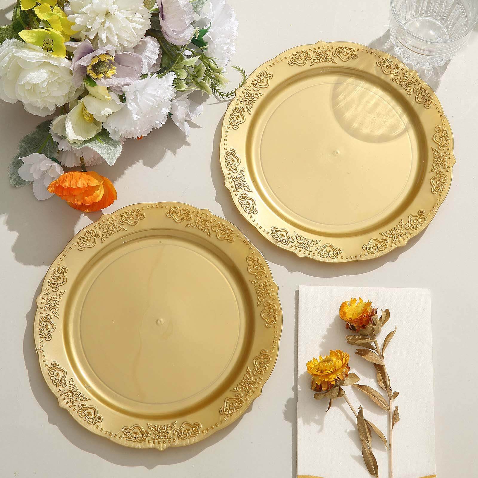 10-Pack Plastic 7.5 Round Appetizer Plates Gold Embossed Scalloped Edge - Chic Disposable Salad Plates for Special Occasions & Banquets