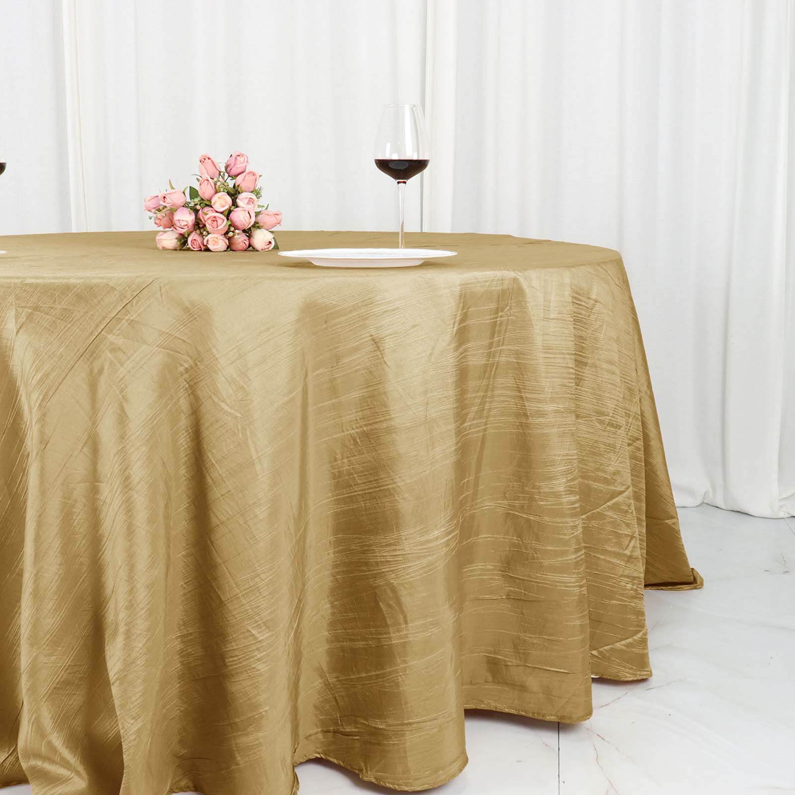 Taffeta 132 Round Tablecloth Gold - Seamless Accordion Crinkle Design for Exquisite Occasions