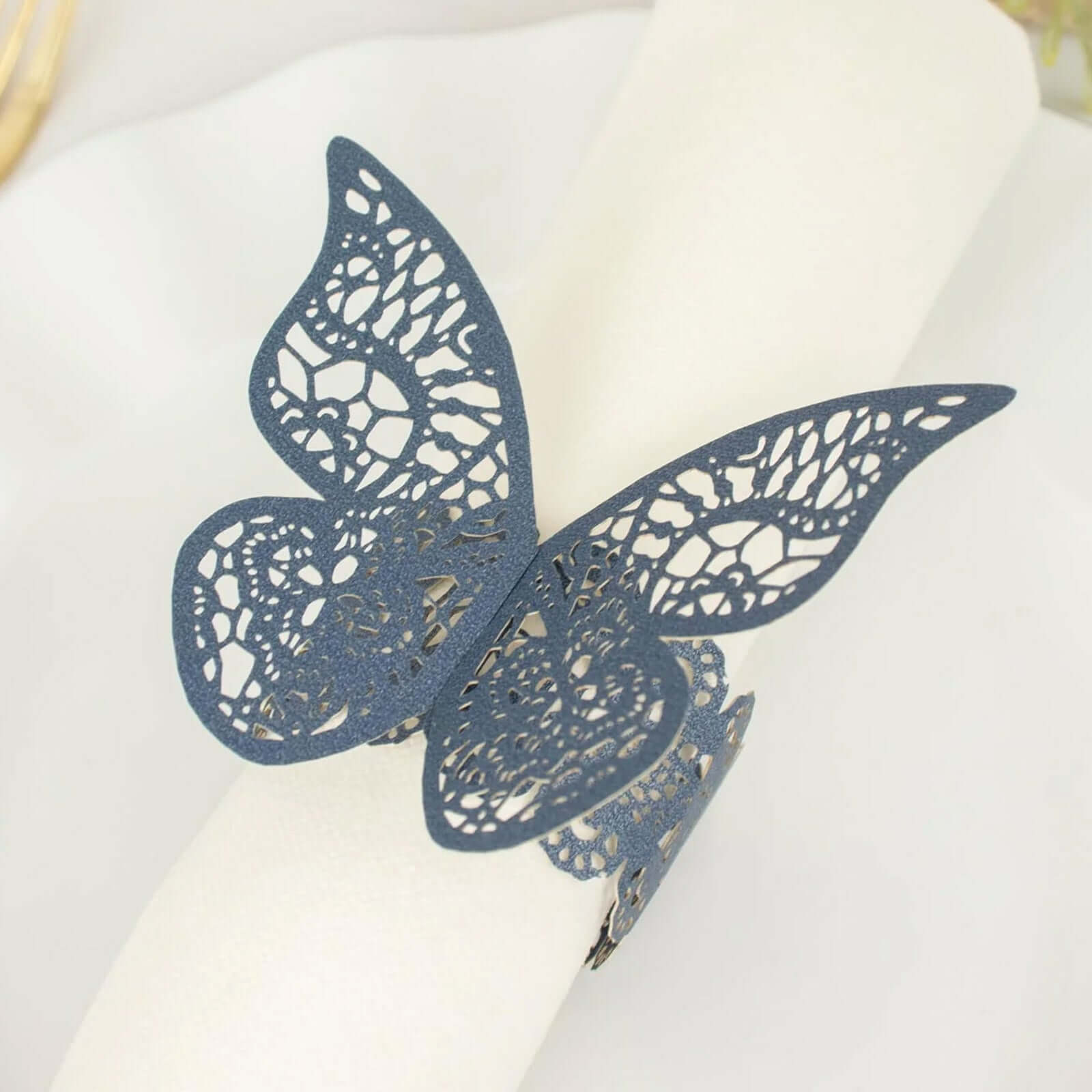 12-Pack Paper Napkin Rings Laser Cut Butterfly Navy Blue Shimmery - Decorative Serviette Holders