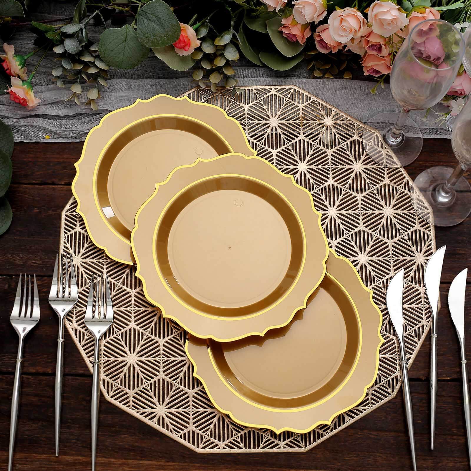 10-Pack Plastic 8 Round Desert Plates in Gold with Gold Scalloped Rim - Disposable Appetizer/Salad Plates