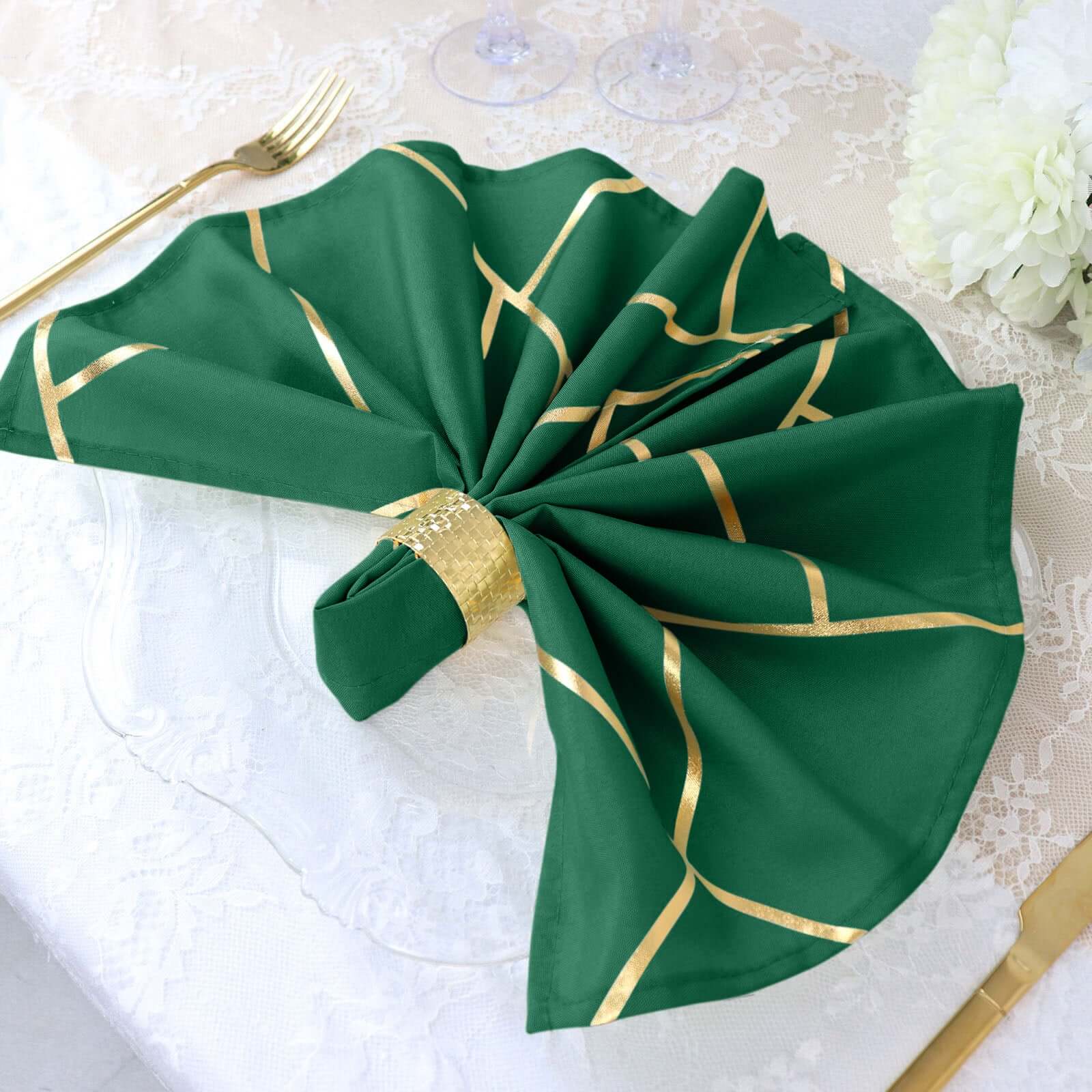 5 Pack Polyester 20x20 Napkins Hunter Emerald Green with Gold Geometric Foil Pattern - Modern Reusable Dinner Napkins