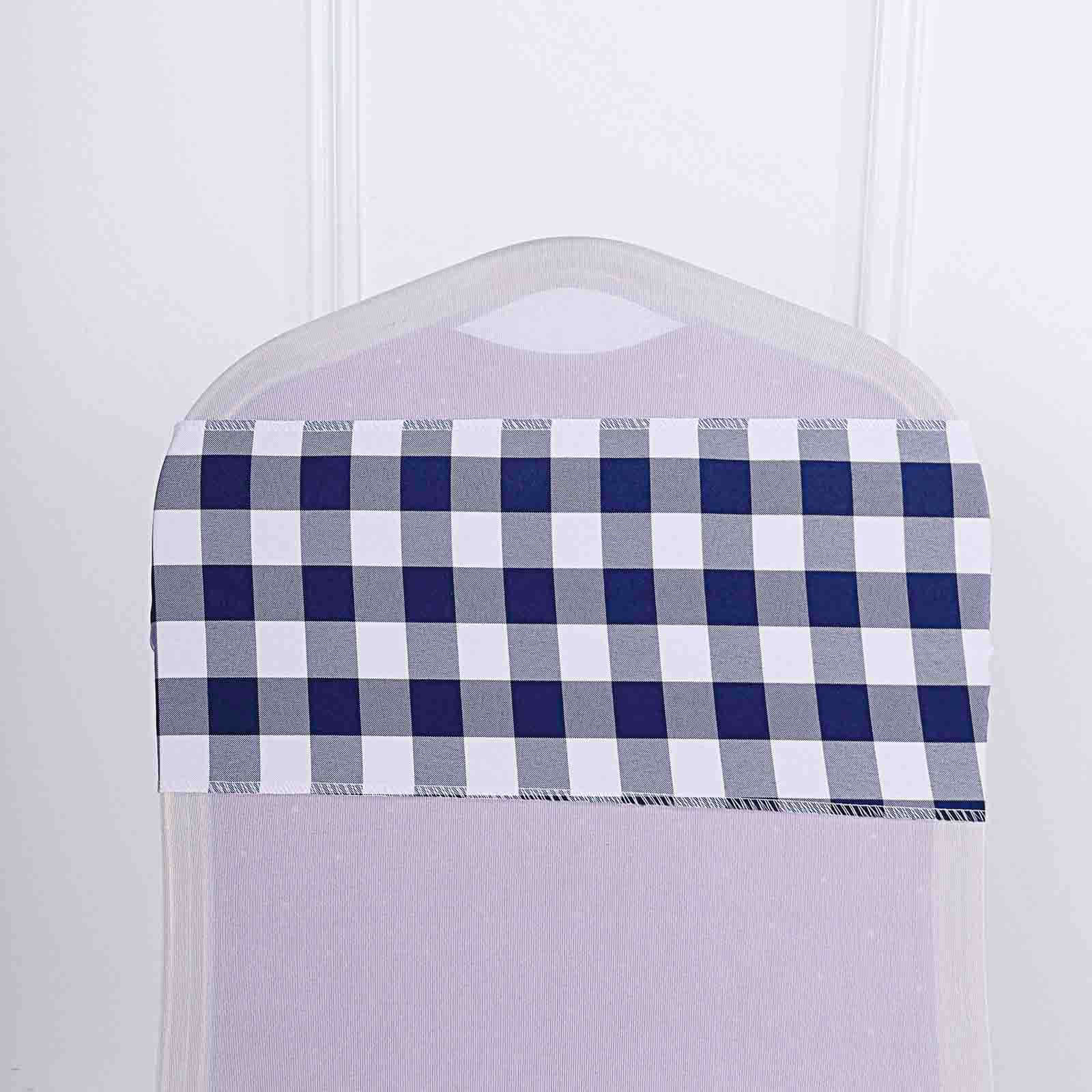 5 Pack Polyester Chair Sashes Navy Blue/White Buffalo Plaid - Durable & Reusable Chair Bows 6x108