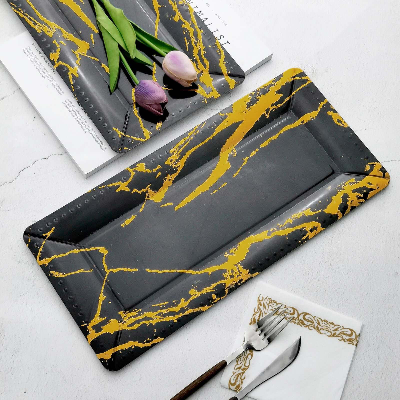 10-Pack Paper 16 Rectangle Serving Trays Black/Gold - Durable 1100GSM Disposable Food Platters with Modern Marble Design for Dessert Tables & Food Stations