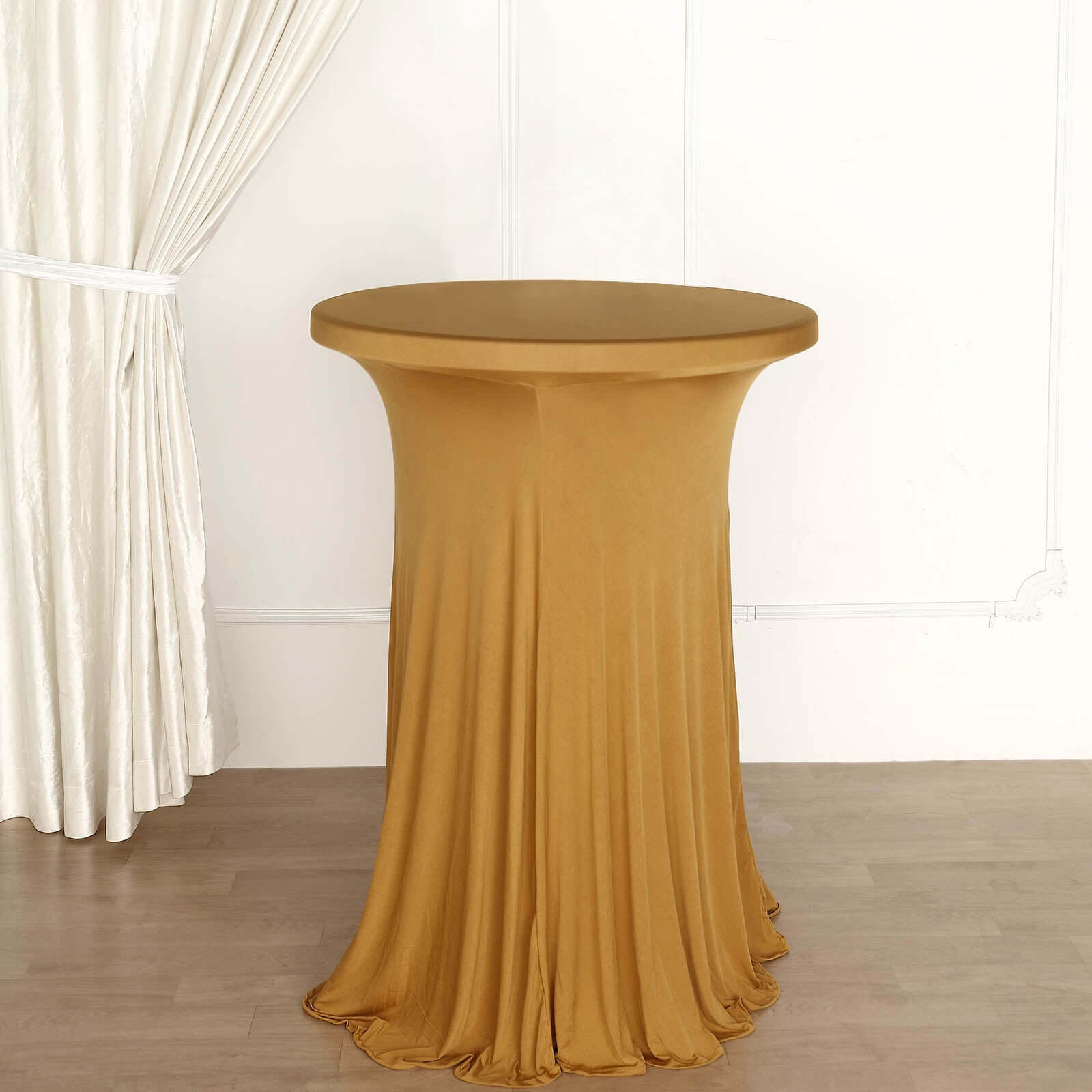 Spandex 32 Round Cocktail Table Cover Skirt Gold With Natural Wavy Drapes - Stylish & Sophisticated Event Decor