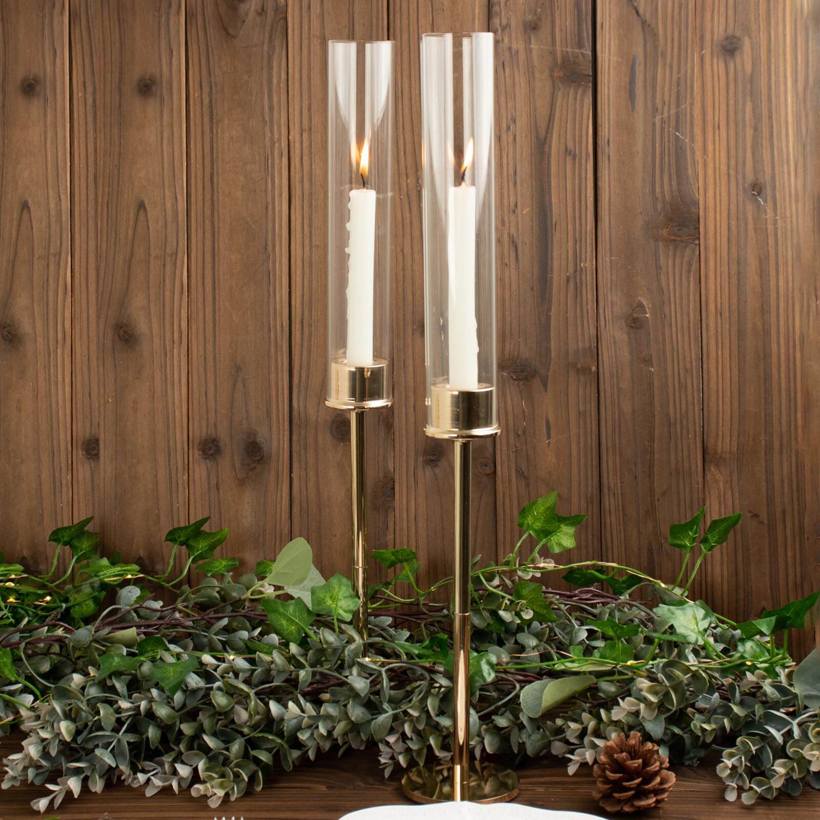 2-Pack Gold Metal Taper Candlestick Holders, Clear Glass Hurricane Candle Stands With Chimney Candle Shades 20