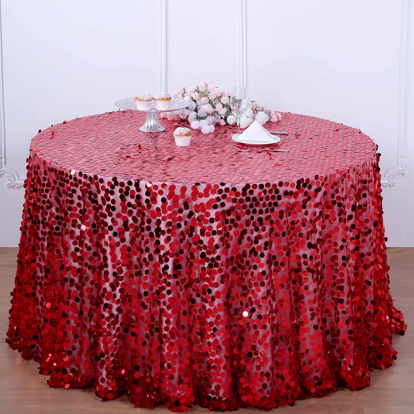 Sequin 120 Round Tablecloth Red - Seamless Big Payette Design Table Cover