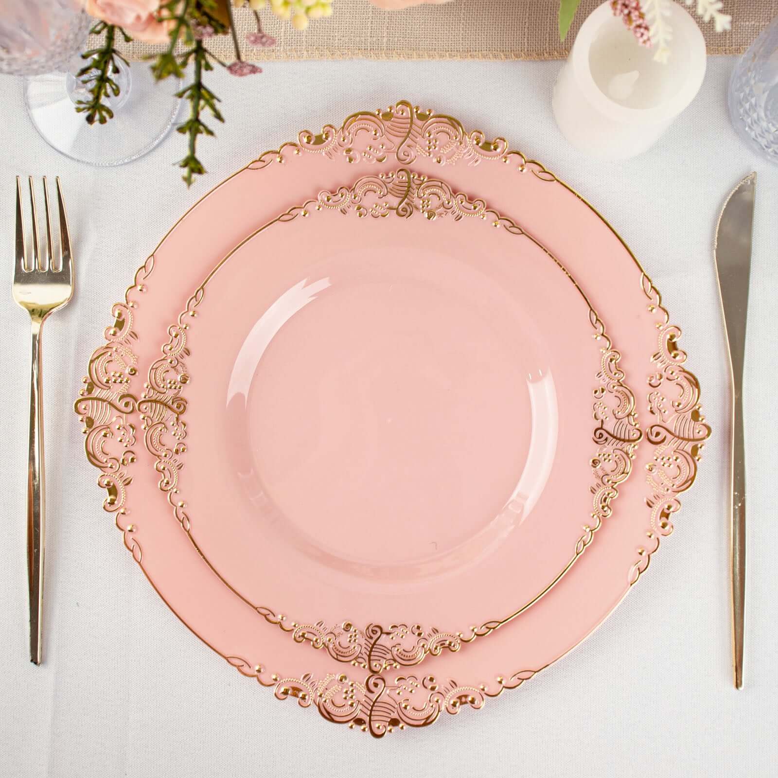 10-Pack Plastic 8 Round Dessert Plates in Dusty Rose with Gold Leaf Embossed Rim - Disposable Vintage Baroque Style Salad Plates