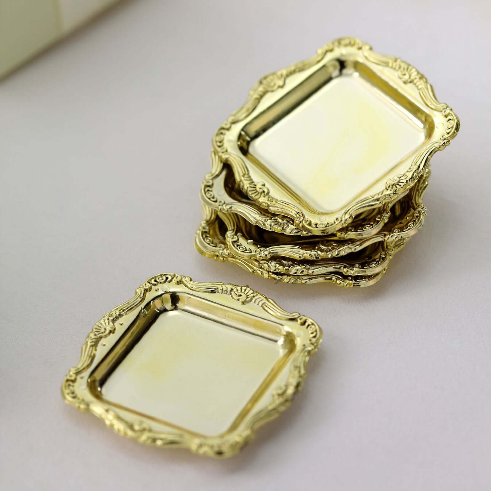 12 Pack 3 Gold Baroque Mini Square Sweet Treats Serving Platter, Party Favor Candy Display Tray