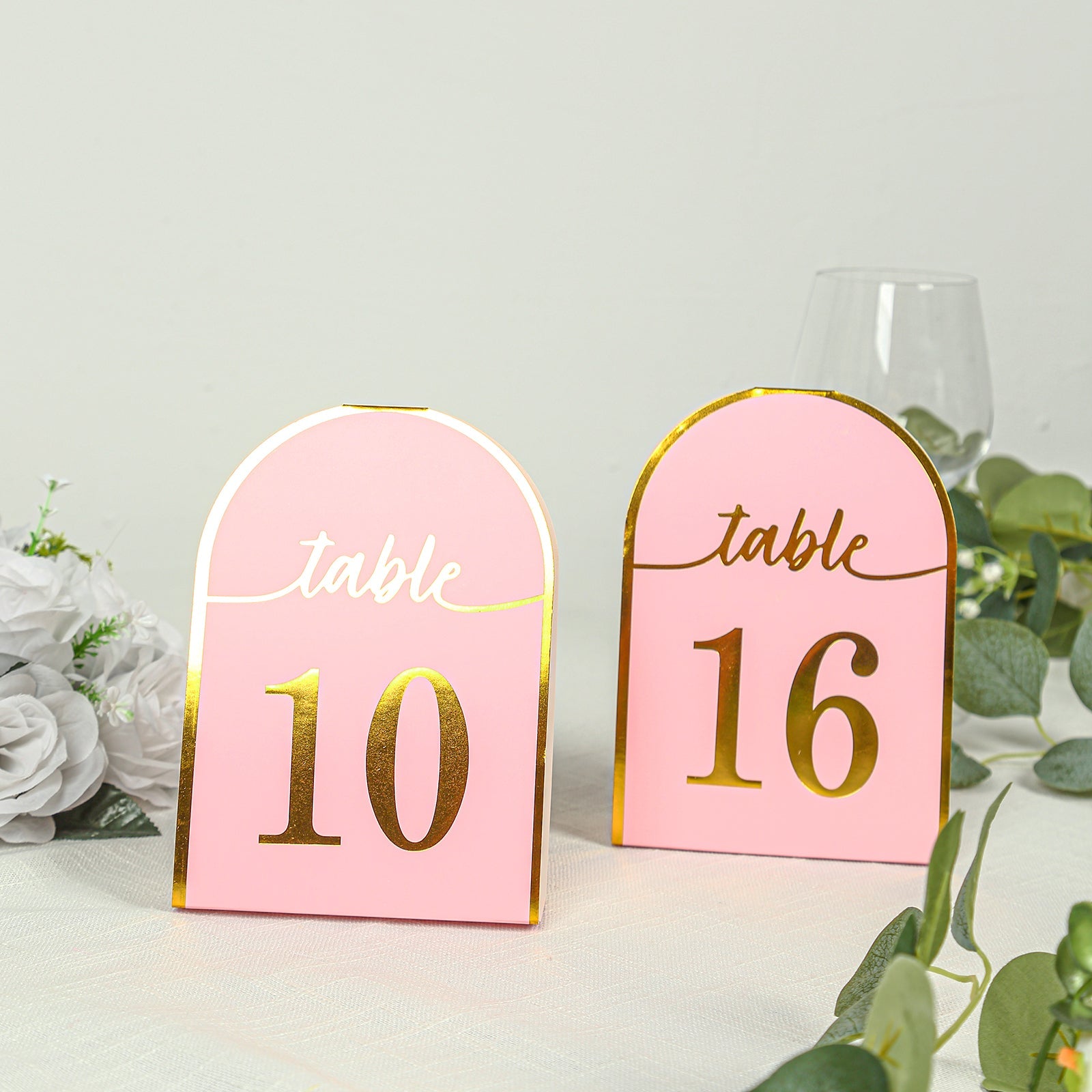 25-Pack Paper Wedding Table Numbers 1-25 Blush Arch Cutout Design - Sleek & Modern Free Standing Double Sided Table Tent Cards with Metallic Gold Foil Numbers 7