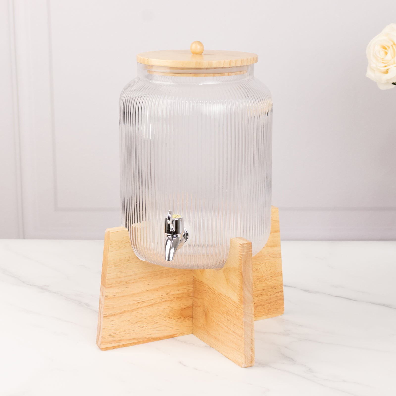 1 Gallon Clear Ribbed Glass Beverage Dispenser, Round Juice Jar with Wooden Stand and Lid - Lead-Free Countertop Feature 14