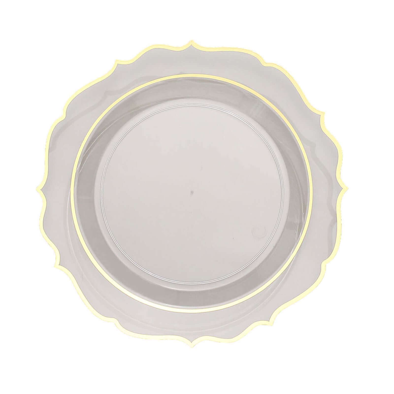 10-Pack Plastic 8 Round Desert Plates in Clear with Gold Scalloped Rim - Disposable Appetizer/Salad Plates