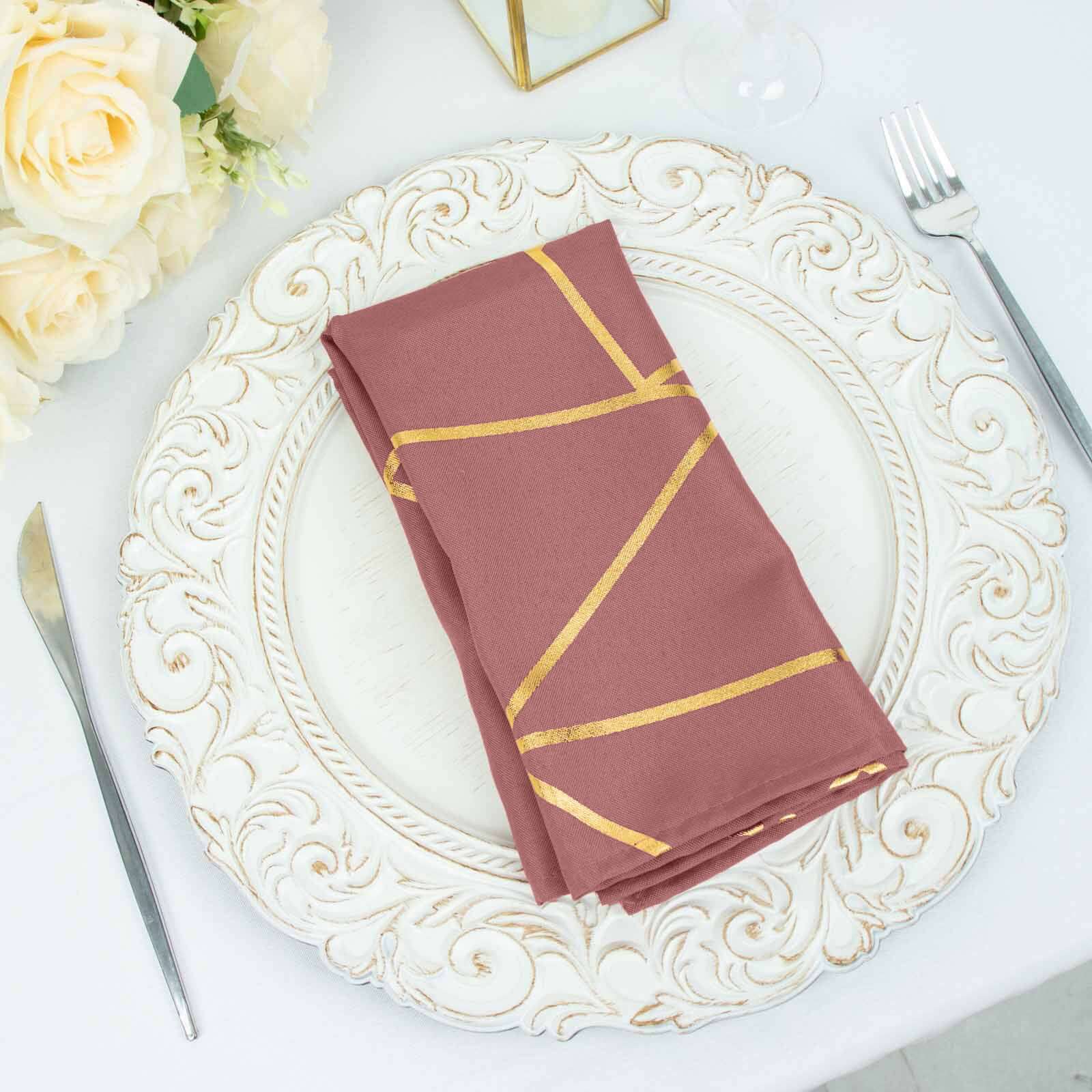 7 Pack Polyester 20x20 Napkins Cinnamon Rose with Gold Geometric Foil Pattern - Modern Reusable Dinner Napkins