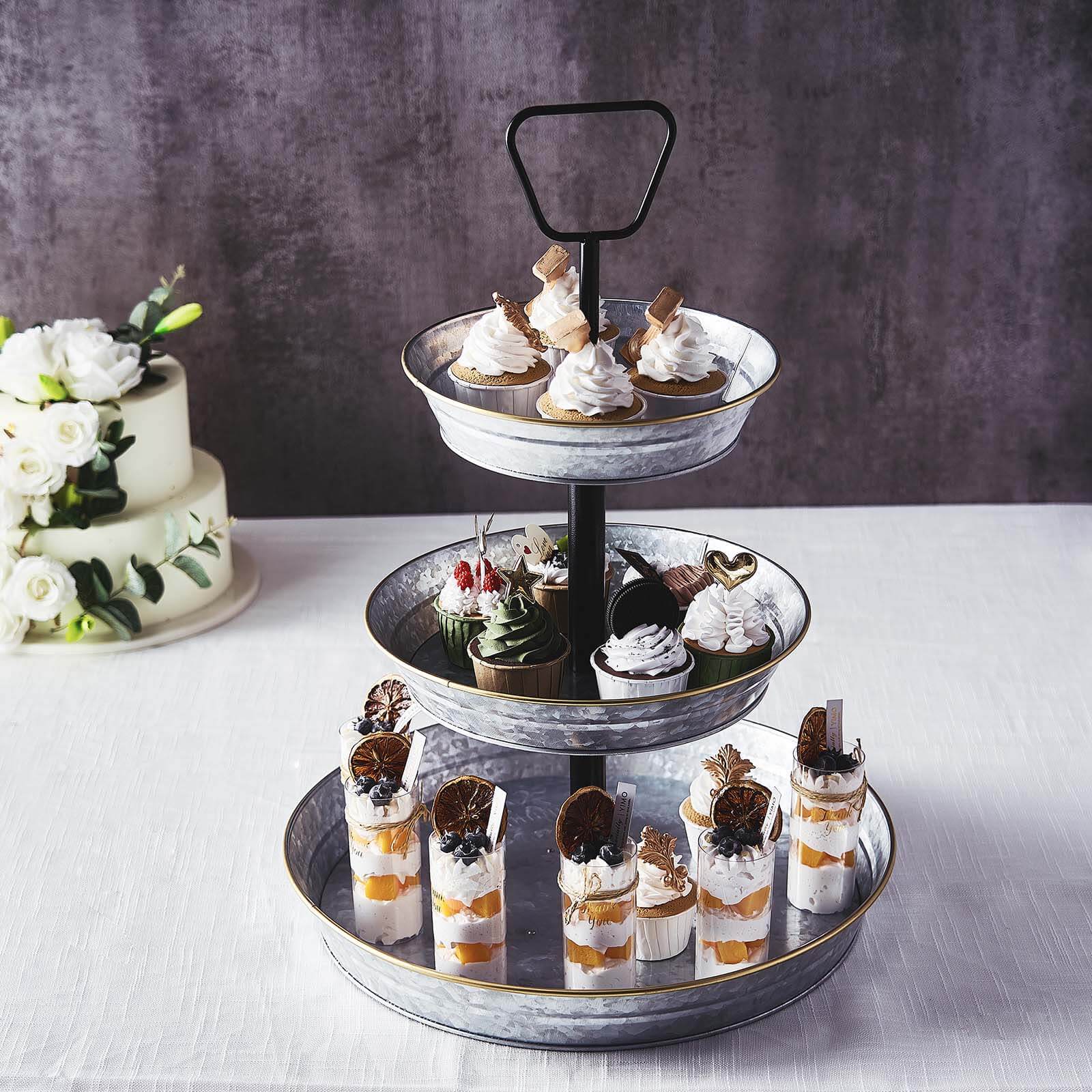 3-Tier Galvanized Metal Cupcake Stand 20 Silver - Sturdy Dessert Serving Tray Platter for Rustic Themed Weddings Backyard Parties & Holiday Spreads