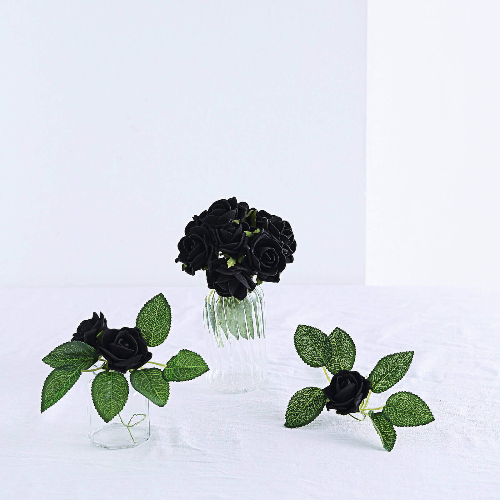 24 Roses 2 Black Artificial Foam Flowers With Stem Wire and Leaves