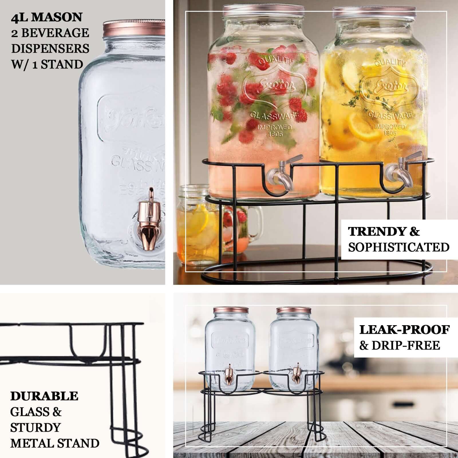 2-Pack Clear Glass Beverage Dispenser Stand, Dual Juice Jars with Rose Gold Metal Lids and Spigot - Convenient Serving Feature 2-Gallon