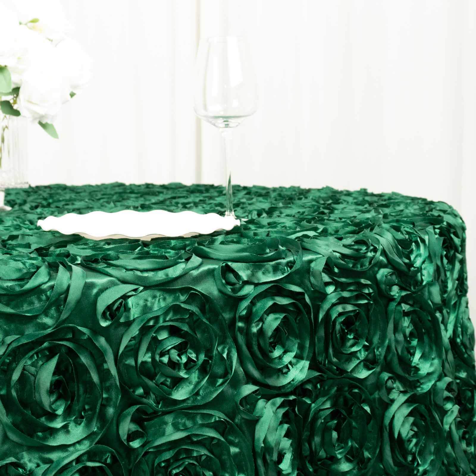 Satin 120 Round Tablecloth Hunter Emerald Green - Grandiose 3D Rosette with Seamless Finish Table Cover