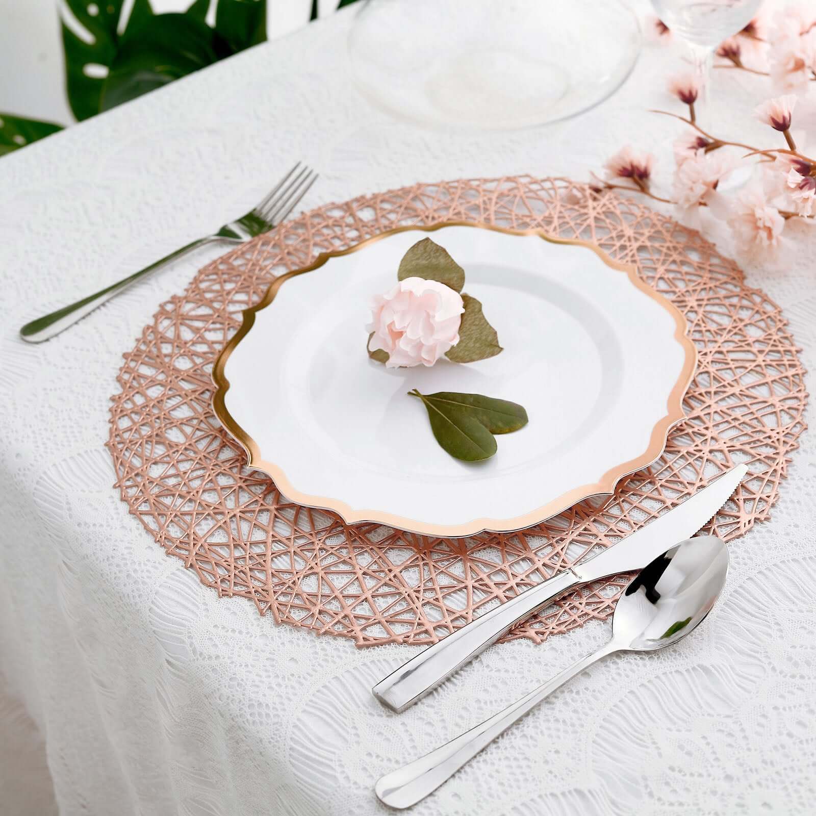 10-Pack Plastic 10 Round Dinner Plates in White with Rose Gold Scalloped Rim - Disposable Party Plates