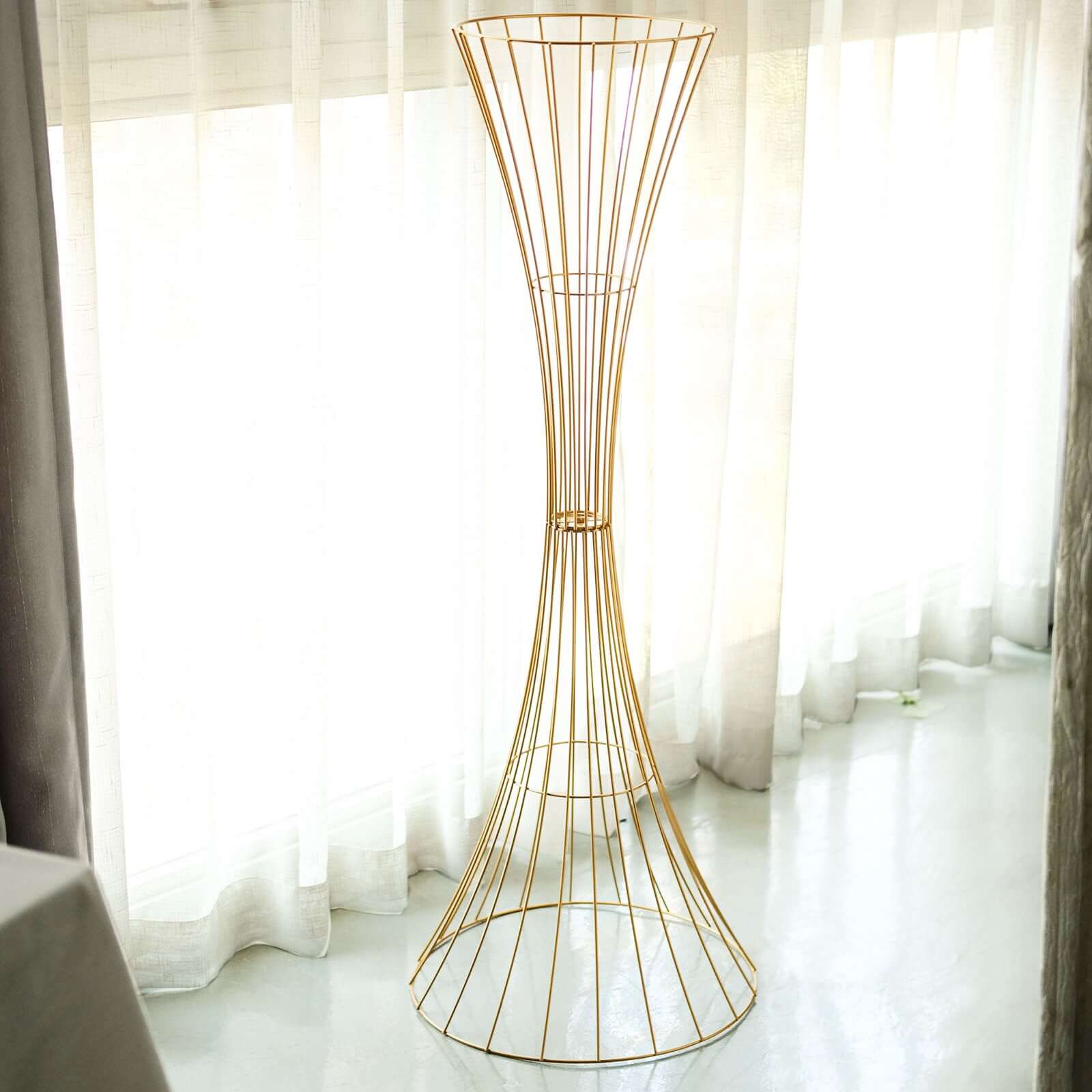 48 Tall Gold Metal Wire Hourglass Flower Frame Stand, Open Frame Reversible Trumpet Centerpiece Stand