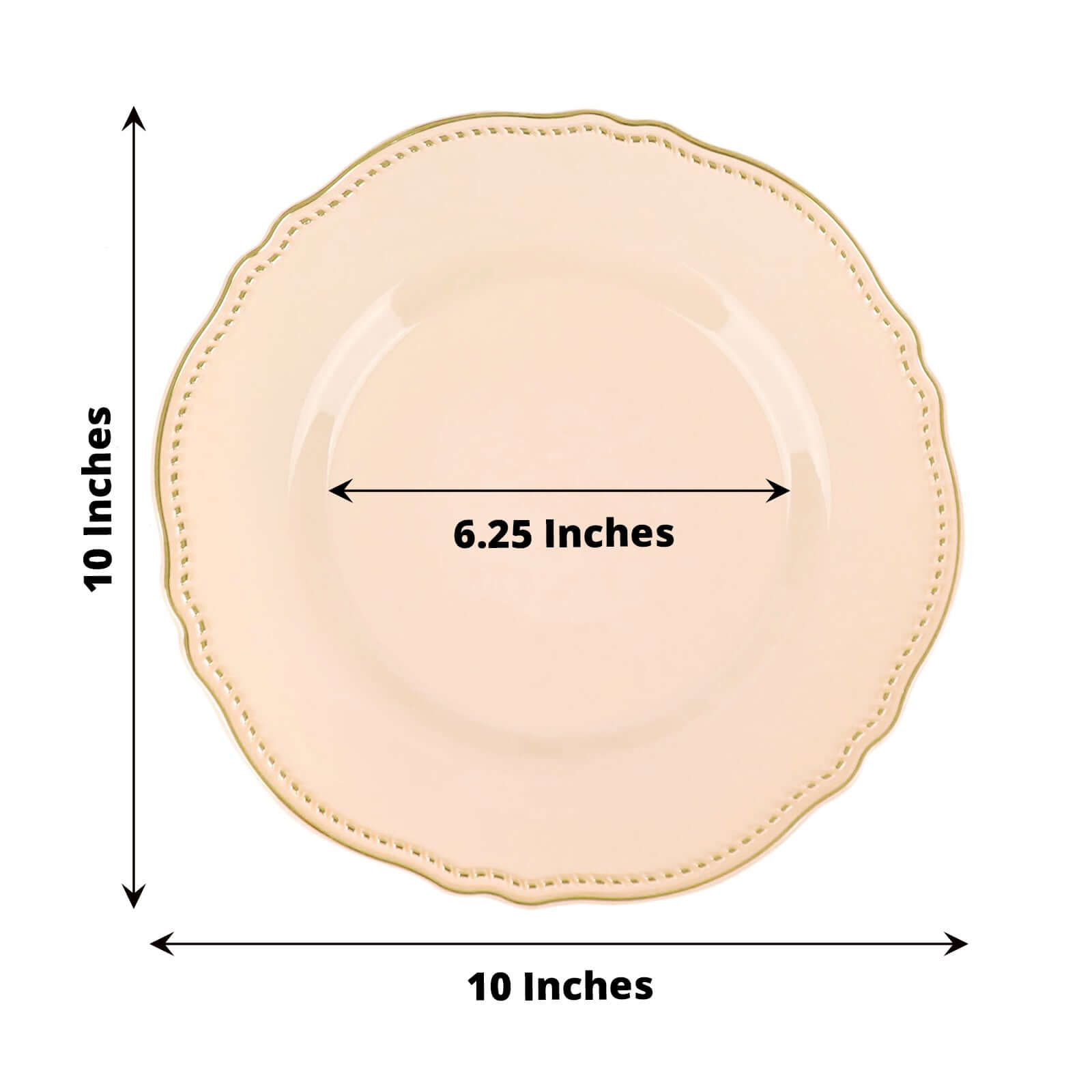 10-Pack Plastic 10 Dinner Plates in Nude with Gold Scalloped Rim - Disposable Large Party Plates