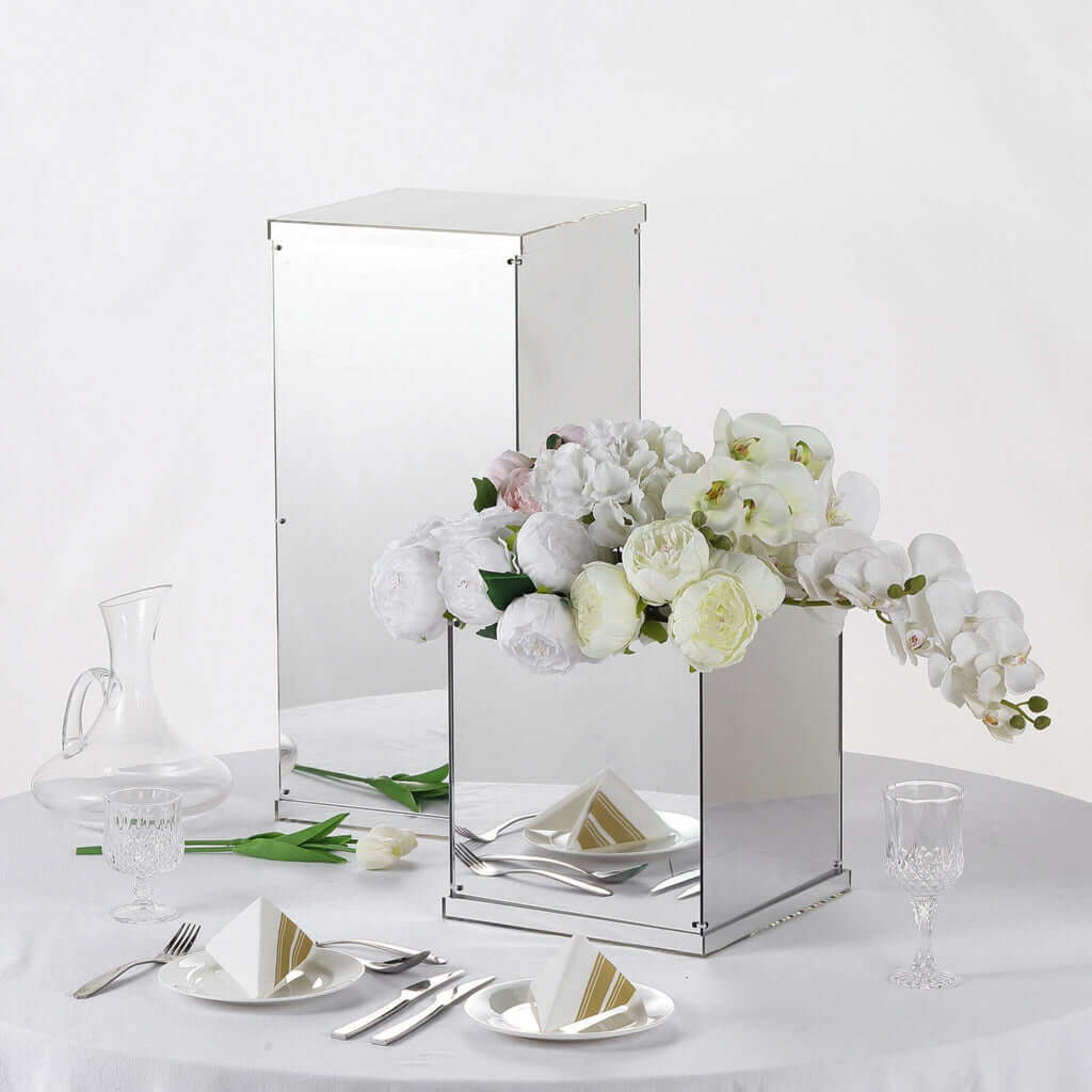 12 Silver Mirrored Acrylic Display Box, Pedestal Riser with Interchangeable Lid and Base