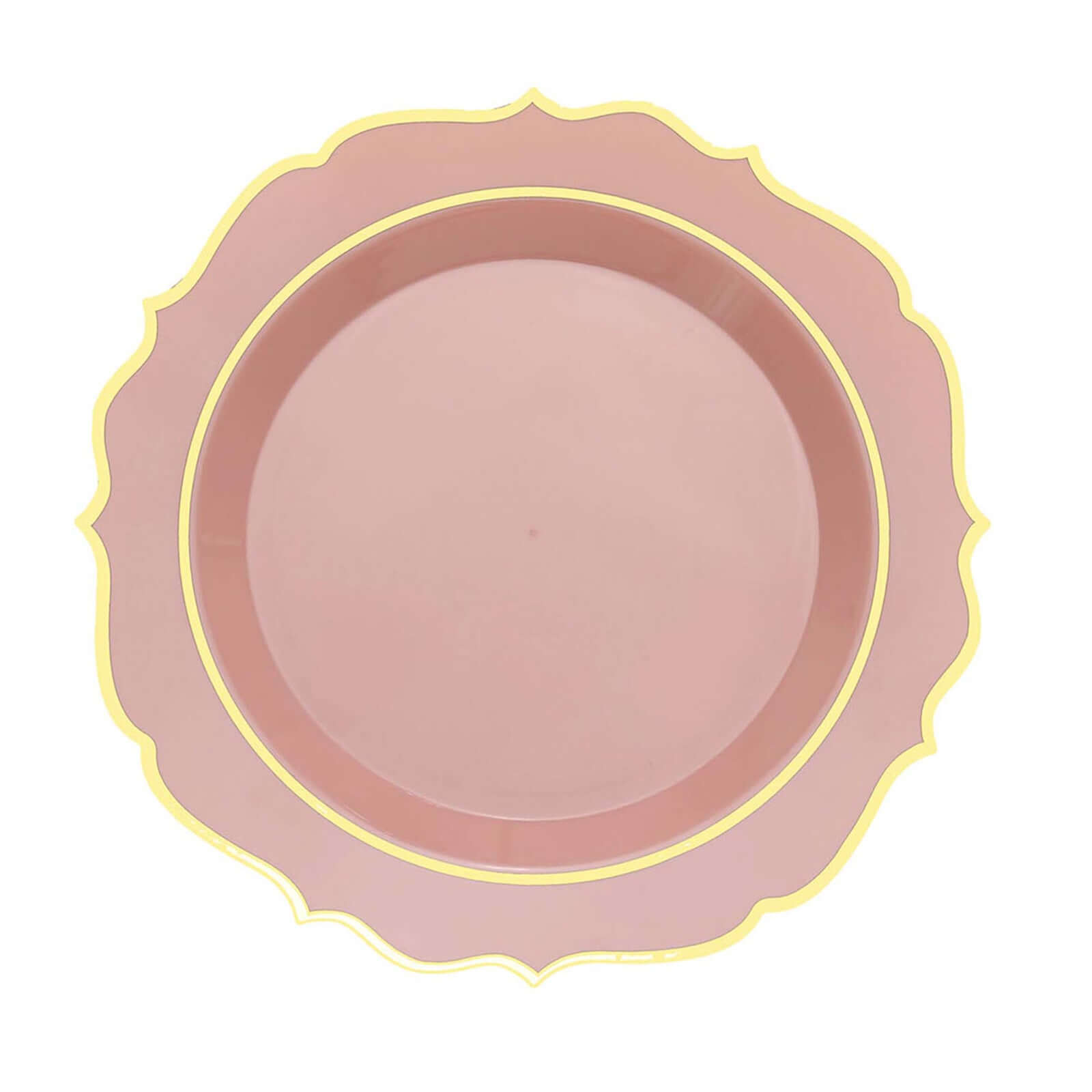 10-Pack Plastic 10 Round Dinner Plates in Dusty Rose with Gold Scalloped Rim - Disposable Party Plates