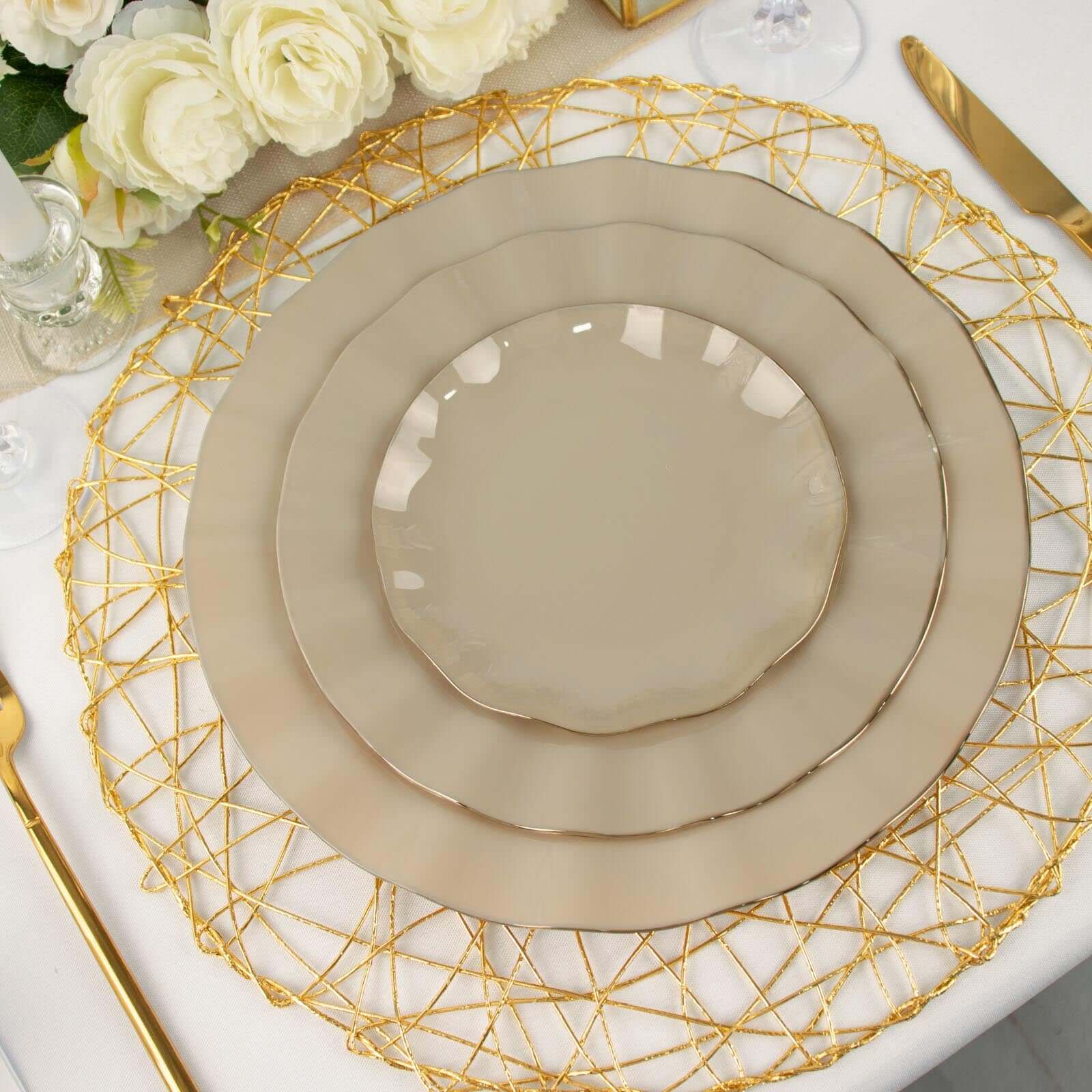 10-Pack Plastic 9 Round Dinner Plates in Taupe Ruffled Rim with Gold Edging - Sturdy Disposable Dinnerware