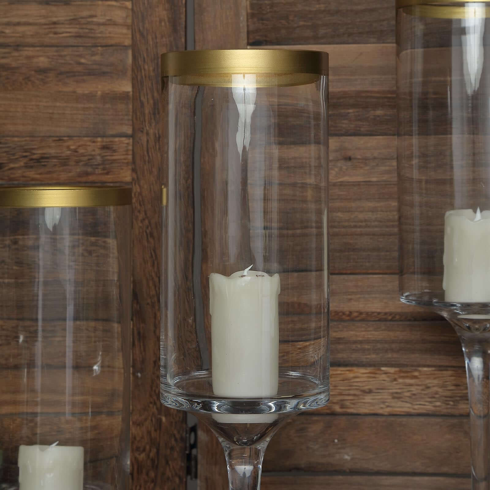 Set of 3 Glass Hurricane Candle Holders Long Stem Clear with Gold Rim - Decorative Pedestal Floral Centerpieces 16, 18, 20