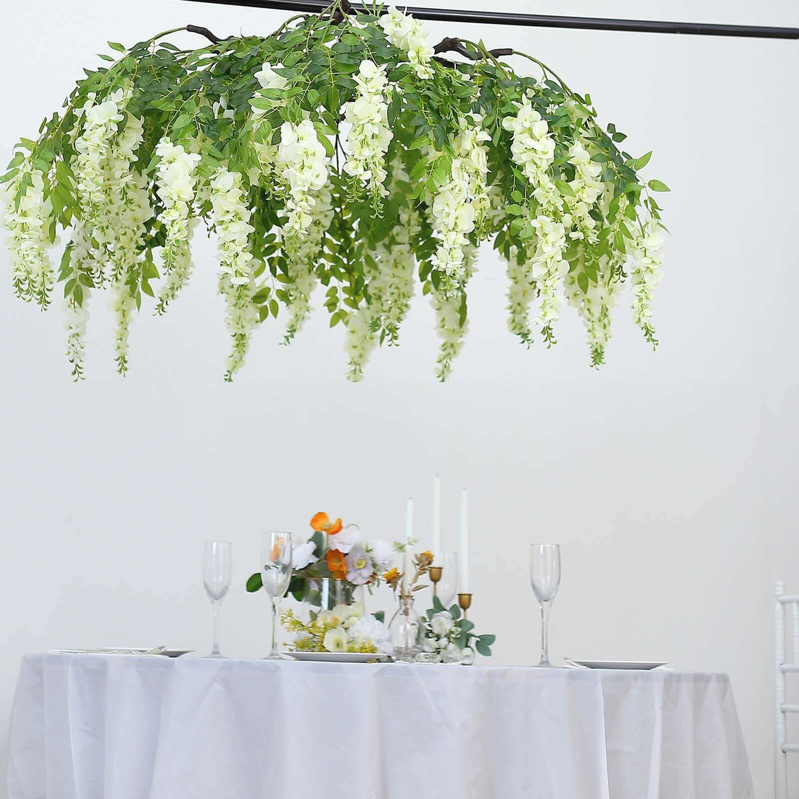 55 Cream Artificial Silk Hanging Wisteria Vine Flower Chandelier, Round Draping Garland Canopy With Interchangeable Branches