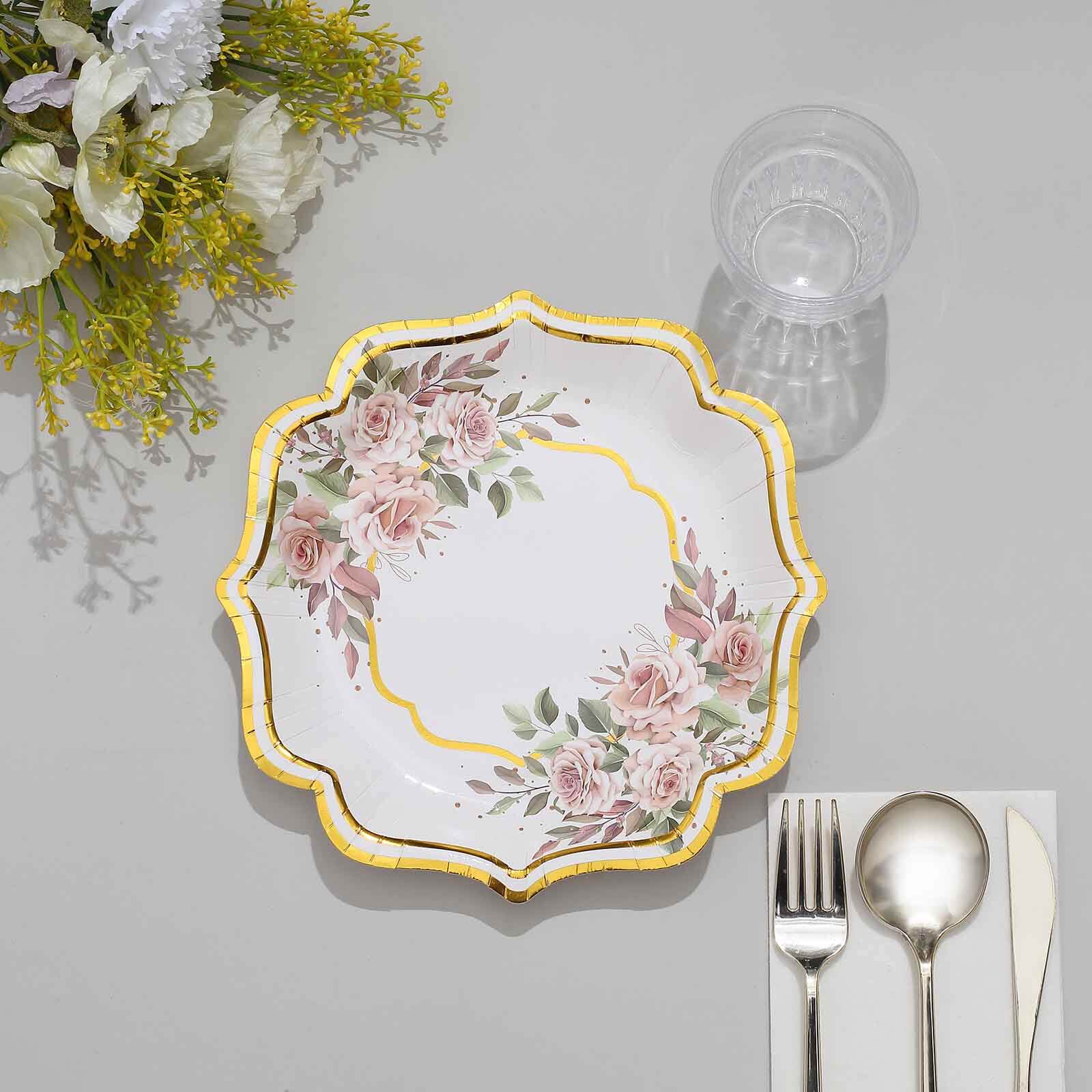 25-Pack Paper 8 Dessert Plates in White with Floral Print & Gold Scallop Rim - Disposable 300GSM Appetizer Salad Plates for Cocktail Events & Receptions