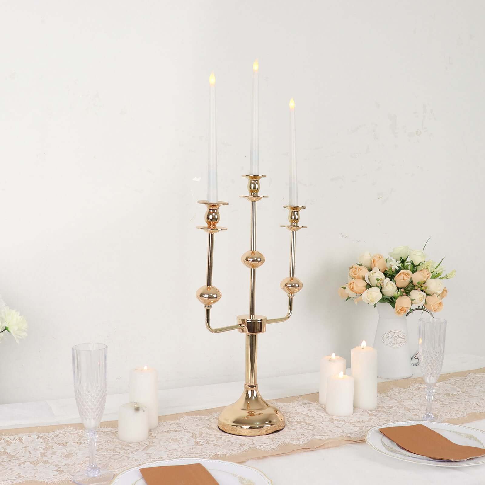 3-Arm Taper Candelabra Candle Holder Stand Gold Metal Wedding Centerpiece - Decorative Display 20