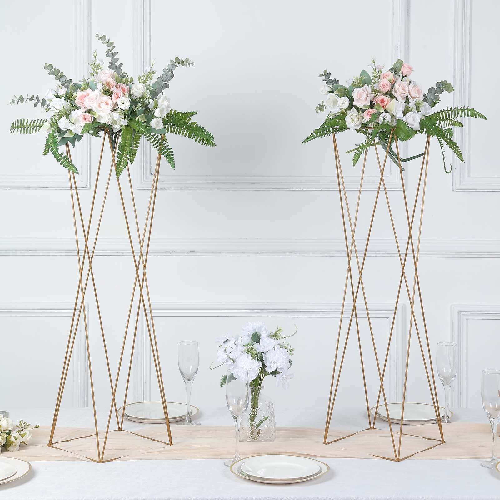 2-Pack Wedding Centerpieces Metal Geometric Crisscross Design Gold - Open Column Pedestal Stands 32