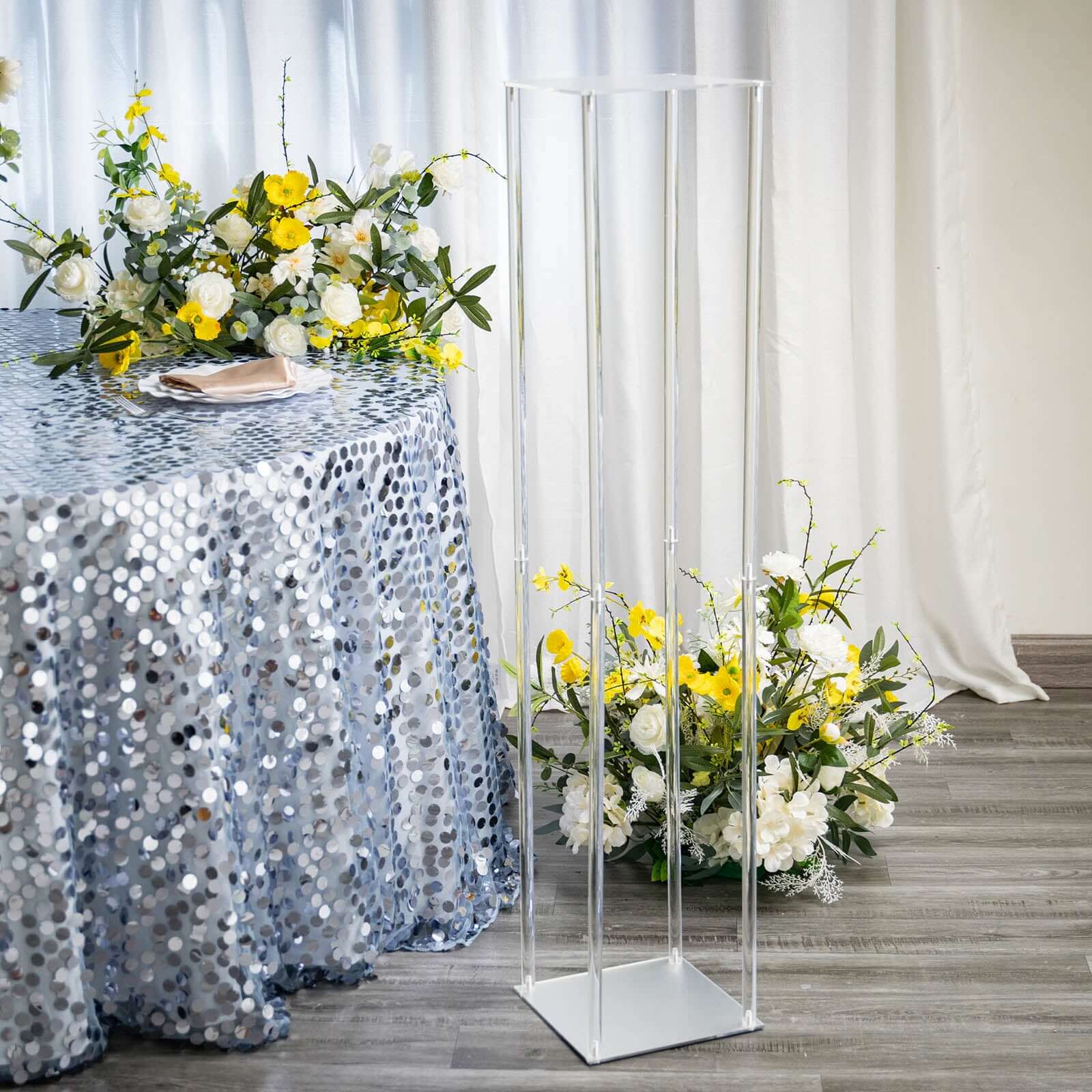 Acrylic Floor Vase Flower Stand with Square Mirror Base Clear - Decorative Wedding Column for Large Events 48