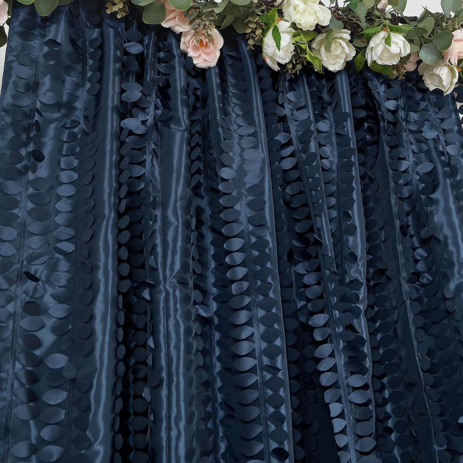 8ftx8ft Navy Blue 3D Leaf Petal Taffeta Event Curtain Drapes, Backdrop Event Panel With Rod Pocket