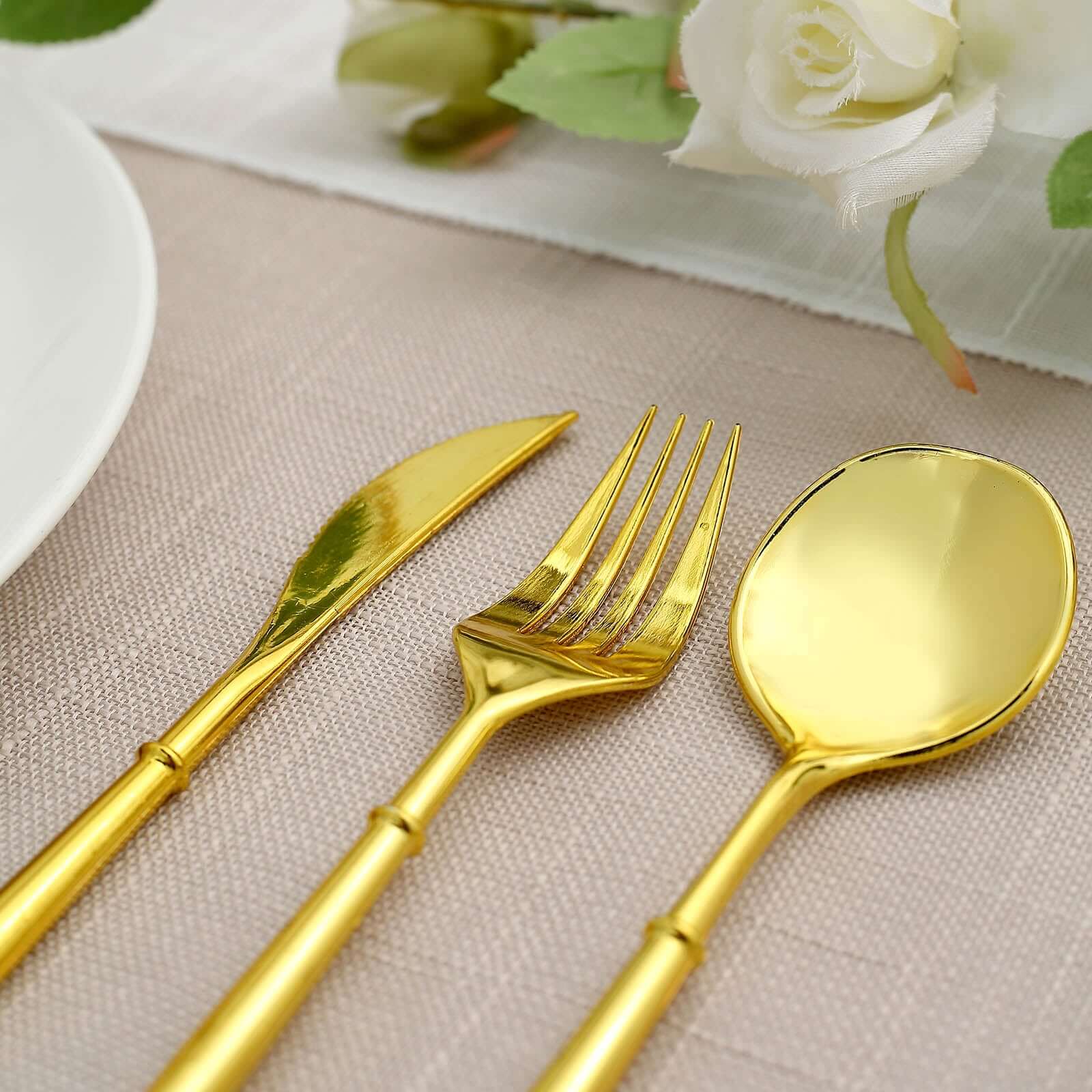 24-Pack Plastic Flatware Set in Gold - Heavy Duty Disposable Modern Silverware 8