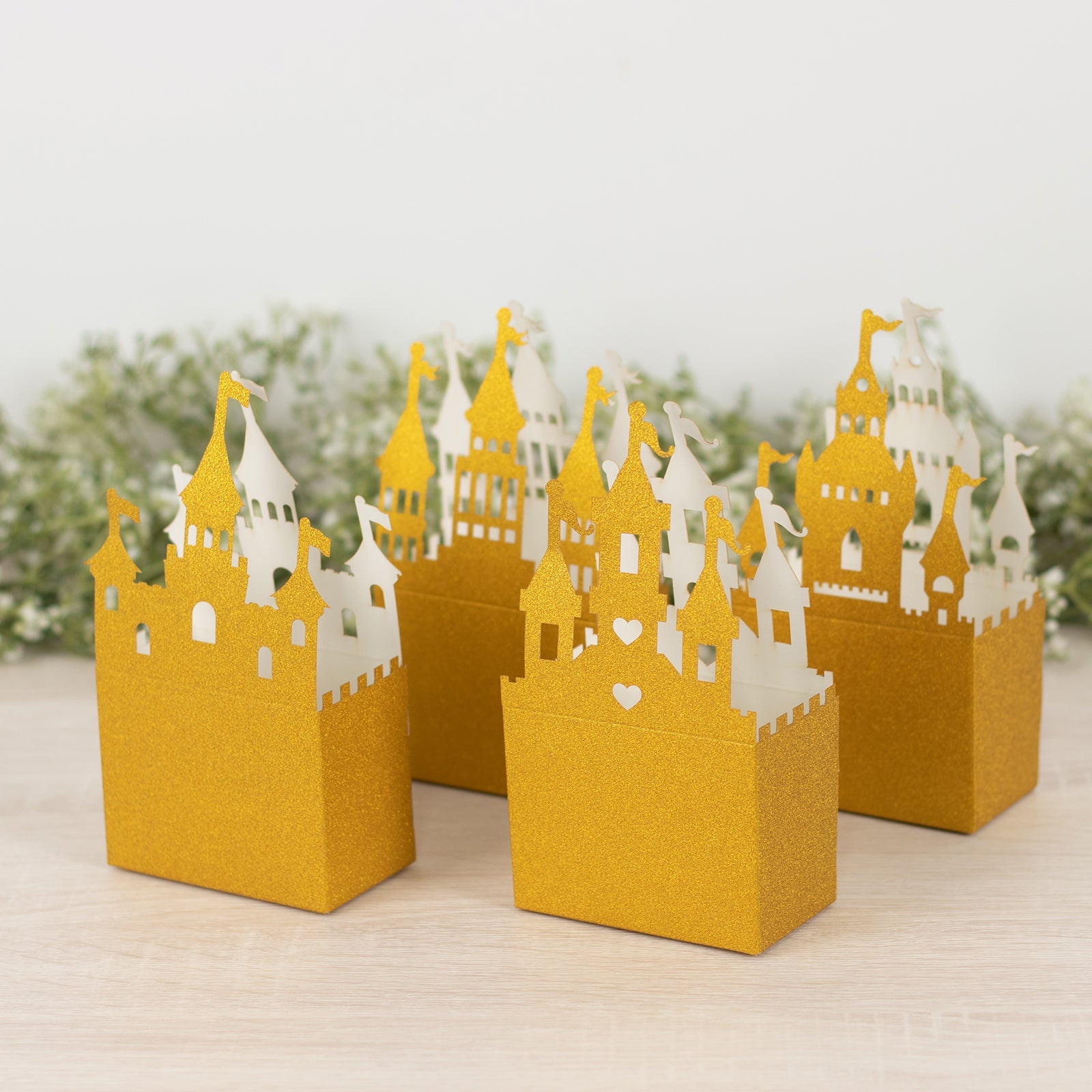 20 Pack Gold Glitter Fairy Tale Castle Favor Boxes, Princess Theme Cardstock Paper Candy Boxes Party Decorations - 3.5x2x6.5