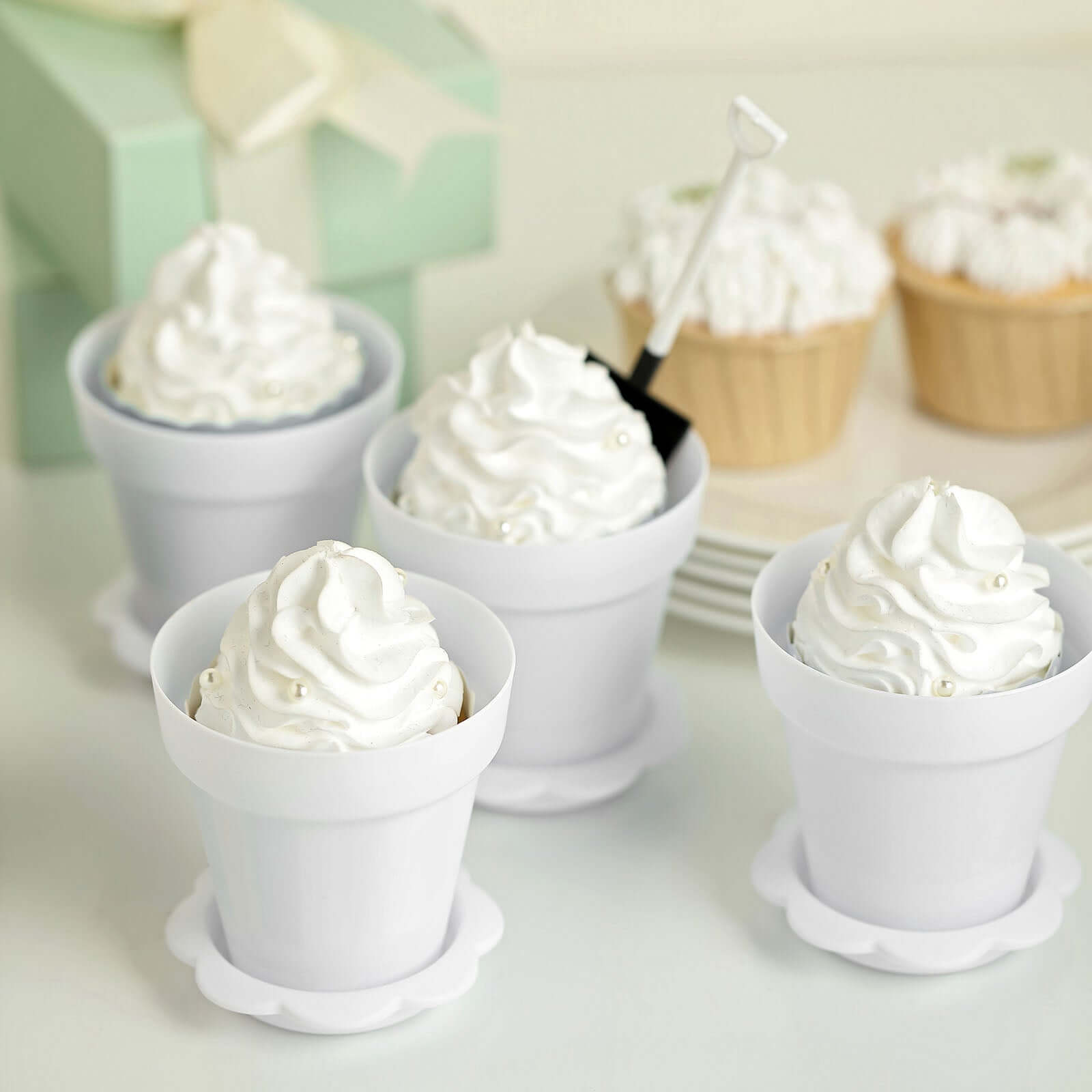 12-Pack Dessert Cups Succulent Planter Design White - Plastic Serving Cups with Lids and Shovels 4