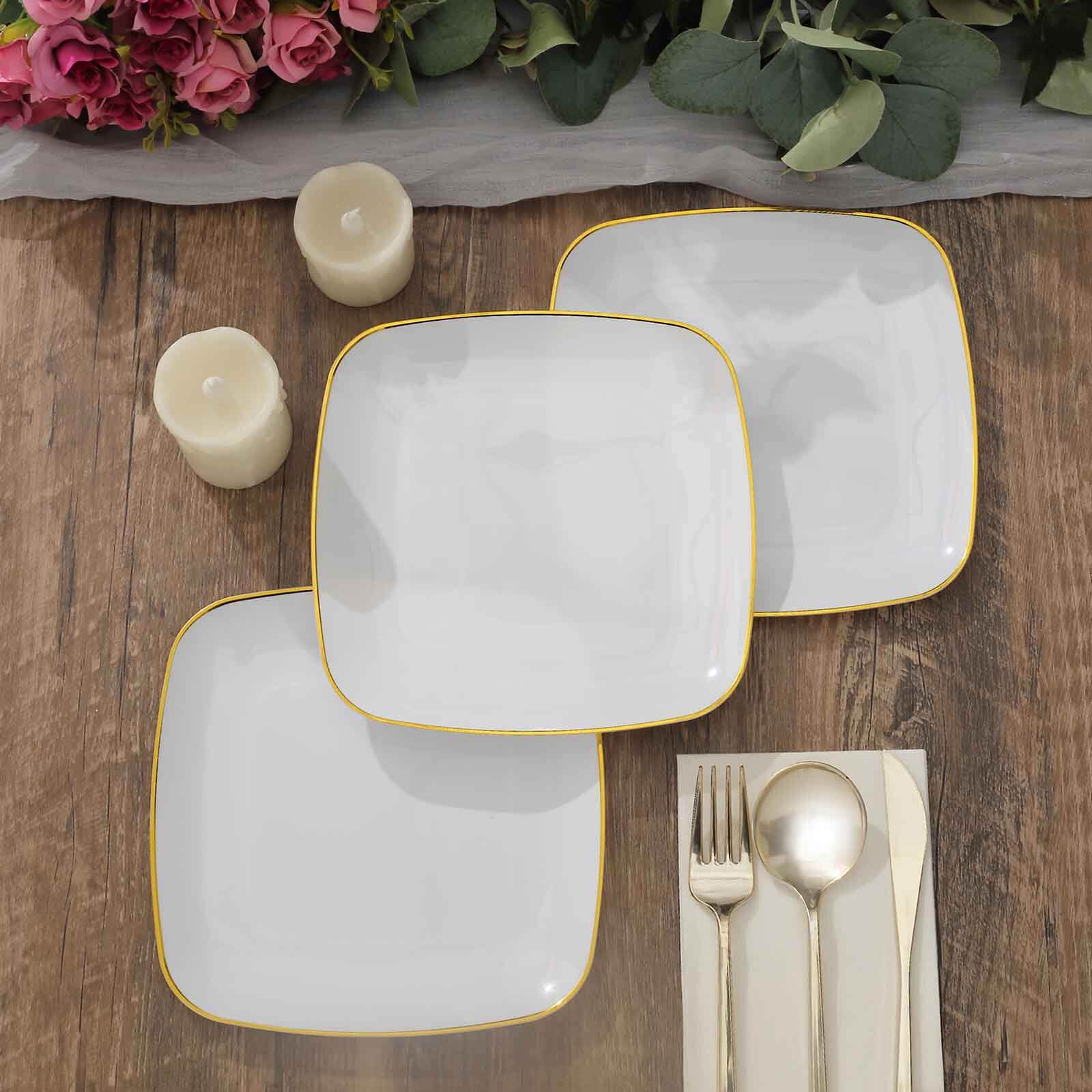 10-Pack Plastic 7 Square Dessert Plates in White with Gold Rim - Classy Disposable Appetizer Salad Plates for Weddings & Special Events