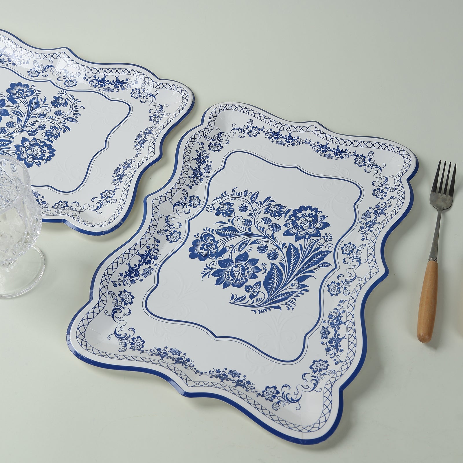 10-Pack Paper 14x10 Rectangle Serving Trays White Royal Blue Damask Floral Pattern - Heavy Duty Disposable 400GSM Cardboard Party Platters for Weddings & Parties