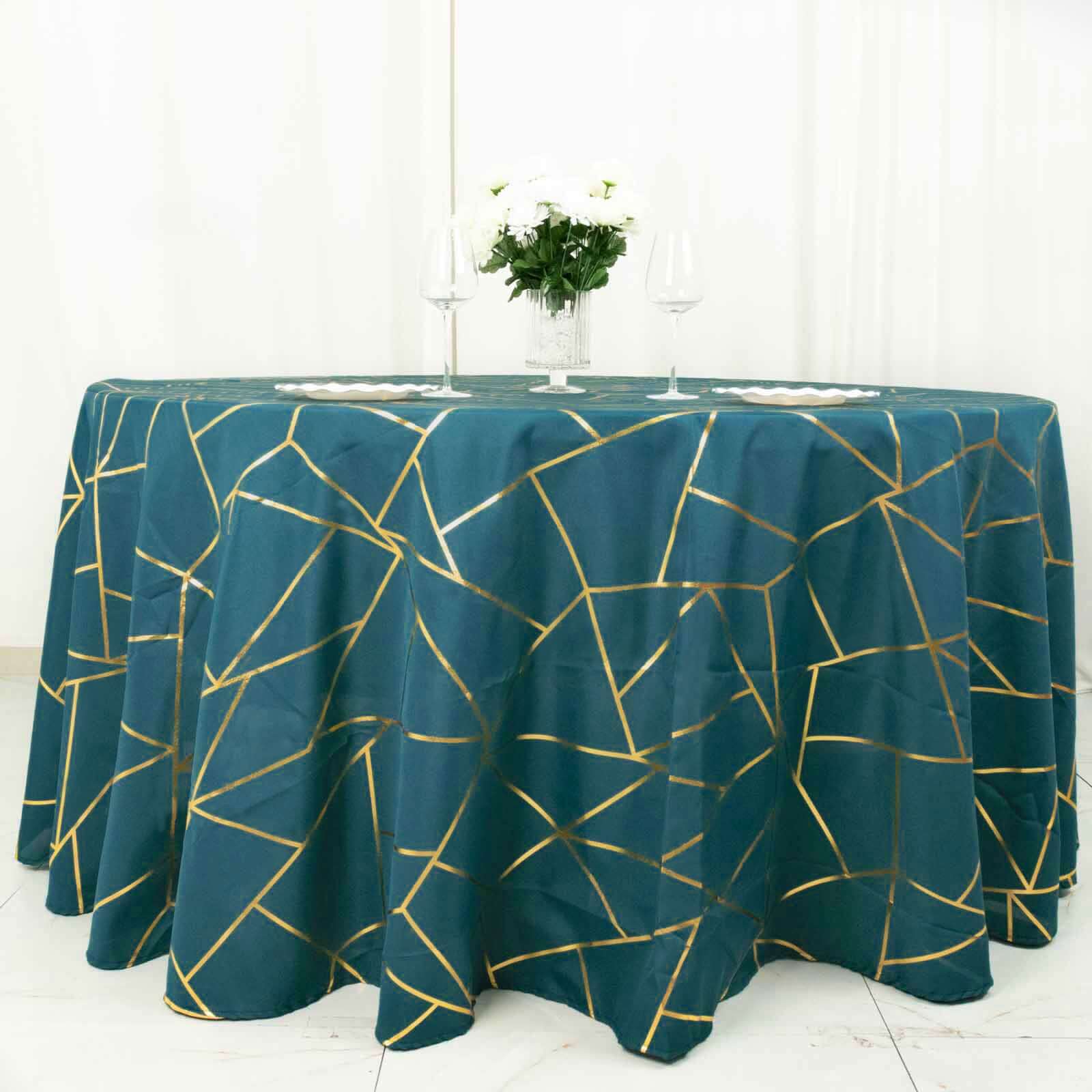 120 Peacock Teal Seamless Round Polyester Tablecloth With Gold Foil Geometric Pattern for 5 Foot Table With Floor-Length Drop