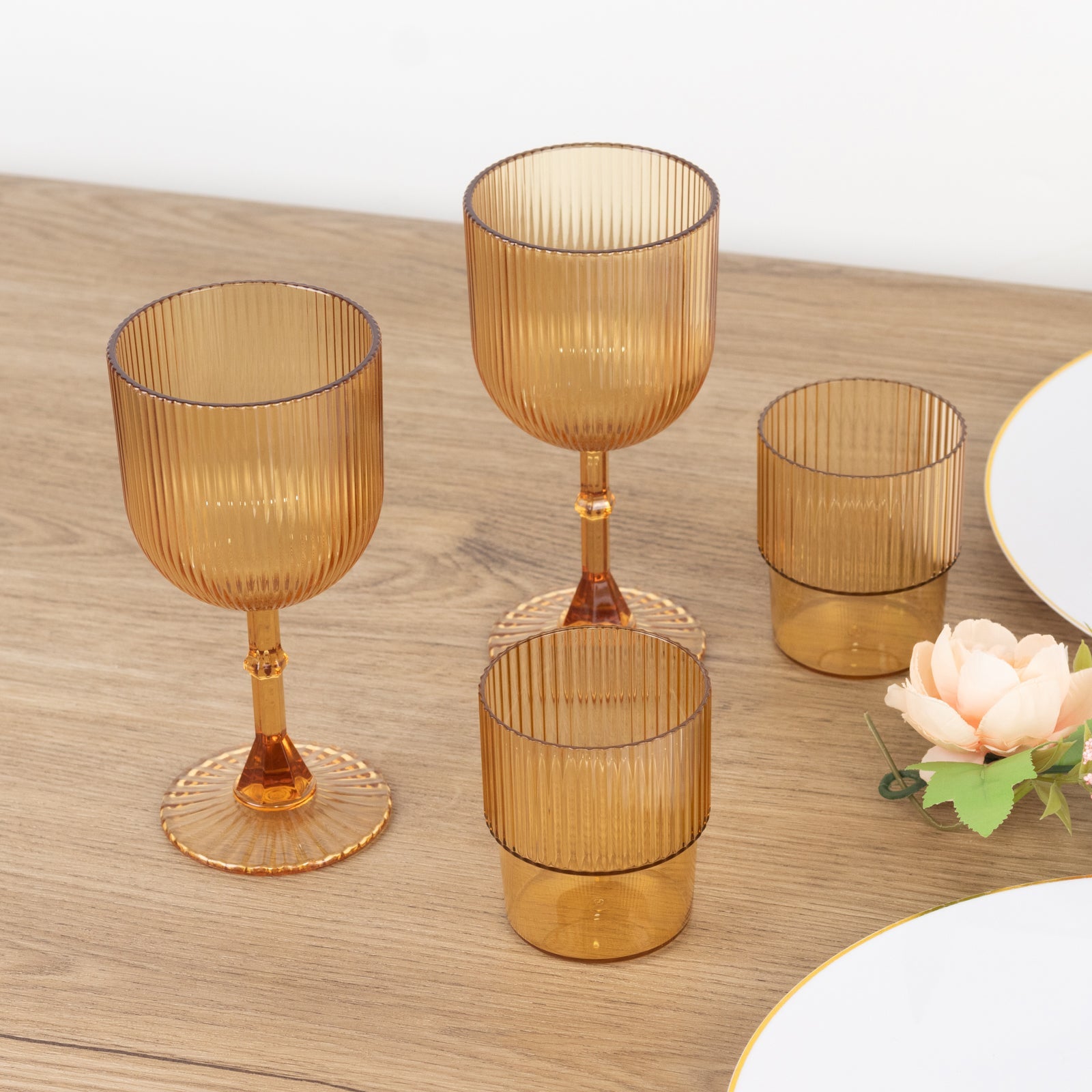 12-Pack Plastic Goblets Amber Gold Vintage Ribbed Pattern - Reusable Shatterproof Glassware 9oz